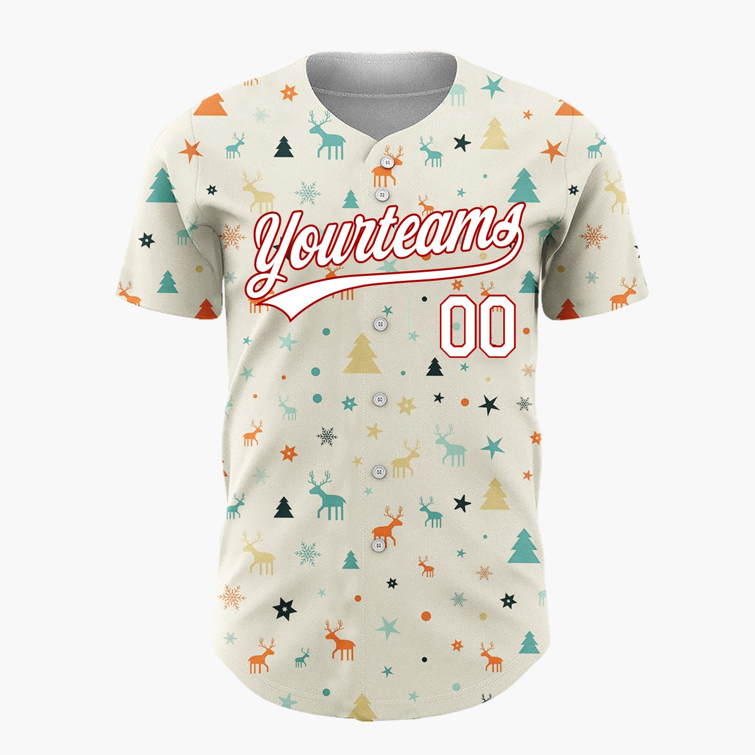 Custom Cream Mid Century Modern Deer Trees Retro Christmas Baseball Jersey