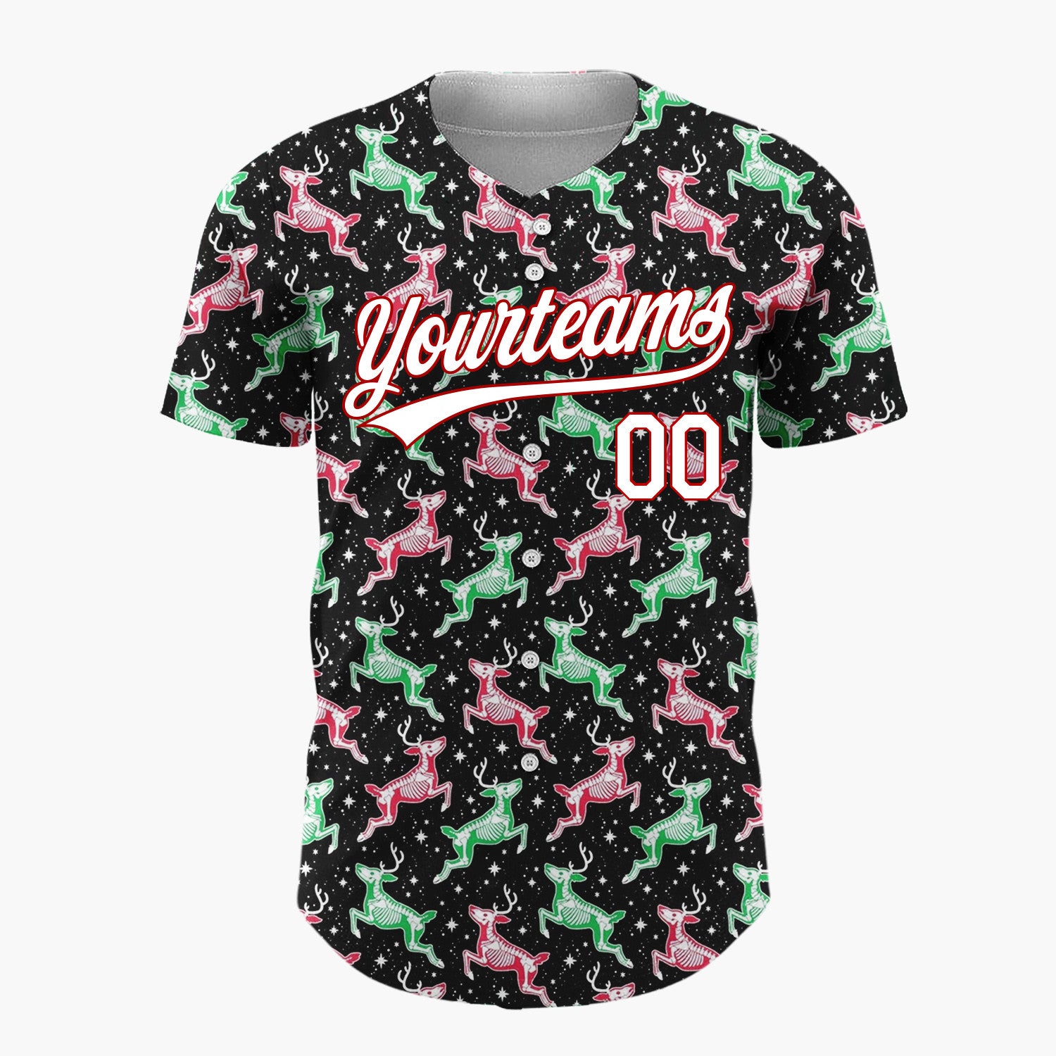 Custom Black Reindeer Pink Green Cartoon Pattern Christmas Baseball Jersey