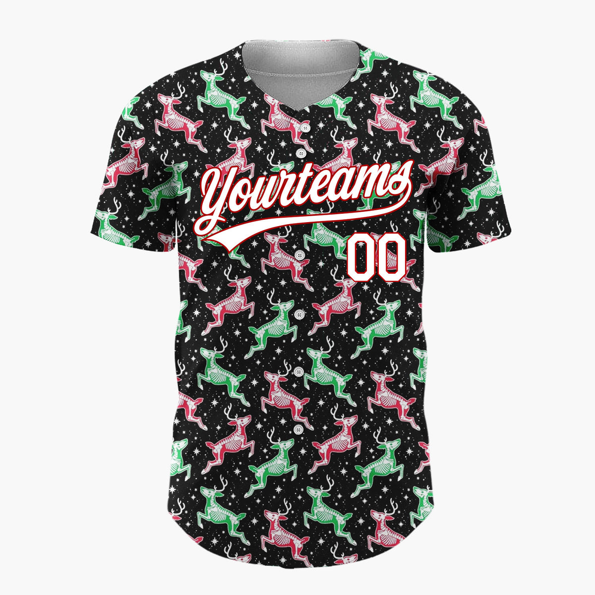 Custom Black Reindeer Pink Green Cartoon Pattern Christmas Baseball Jersey