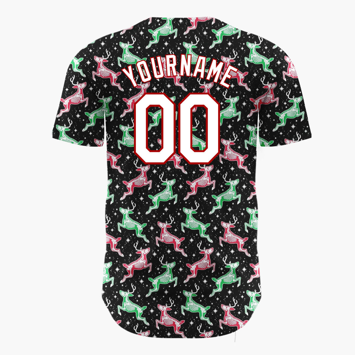 Custom Black Reindeer Pink Green Cartoon Pattern Christmas Baseball Jersey