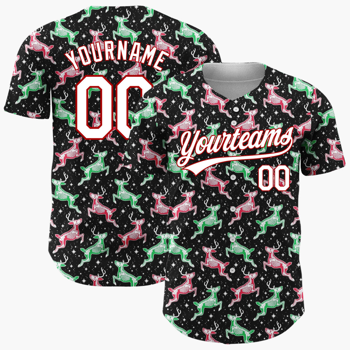 Custom Black Reindeer Pink Green Cartoon Pattern Christmas Baseball Jersey