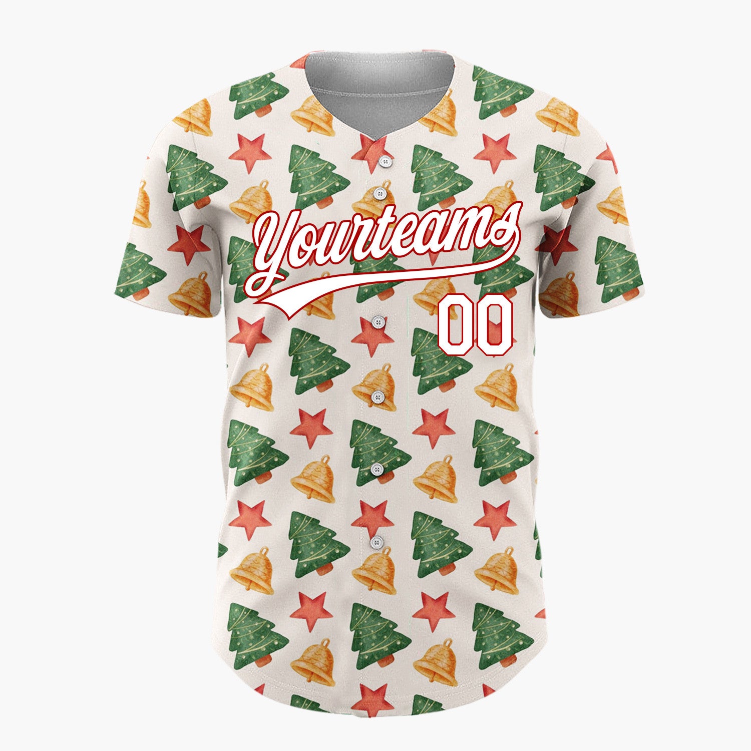 Custom Cream Green Red Simple Tree And Star Christmas Baseball Jersey