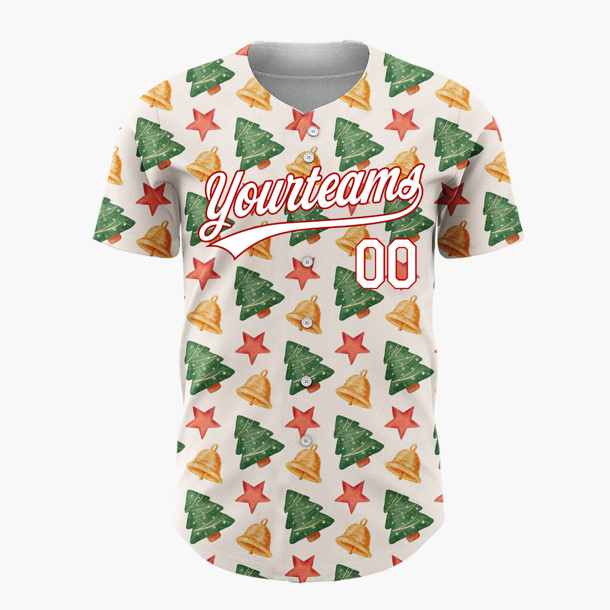 Custom Cream Green Red Simple Tree And Star Christmas Baseball Jersey