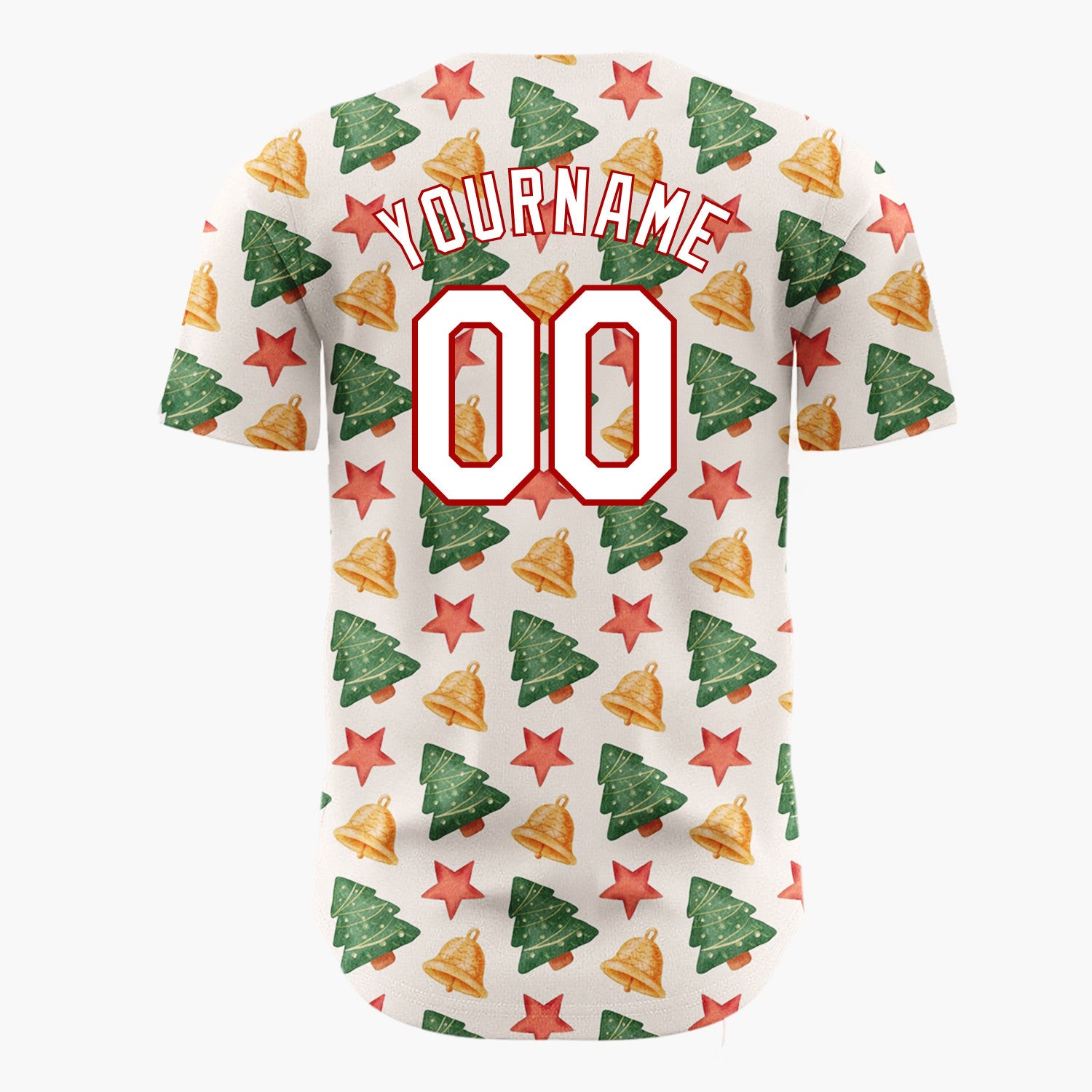 Custom Cream Green Red Simple Tree And Star Christmas Baseball Jersey