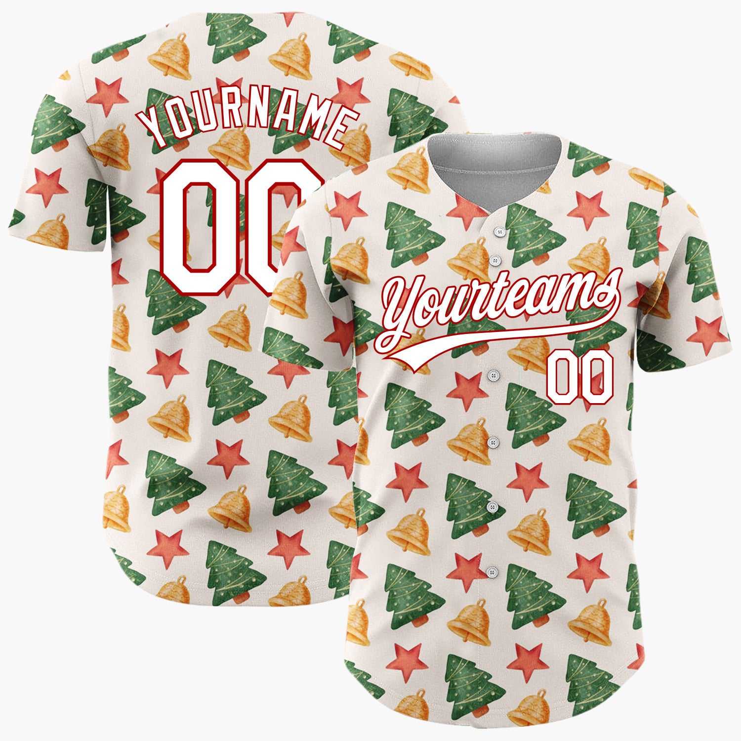Custom Cream Green Red Simple Tree And Star Christmas Baseball Jersey