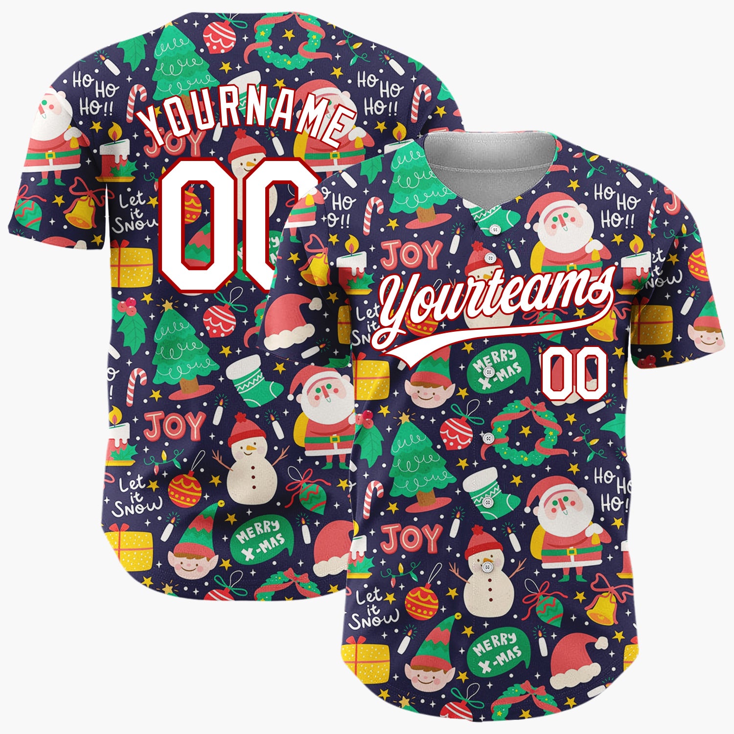 Custom Dark Blue Christmas Joy Doodles Cartoon Pattern Christmas Baseball Jersey