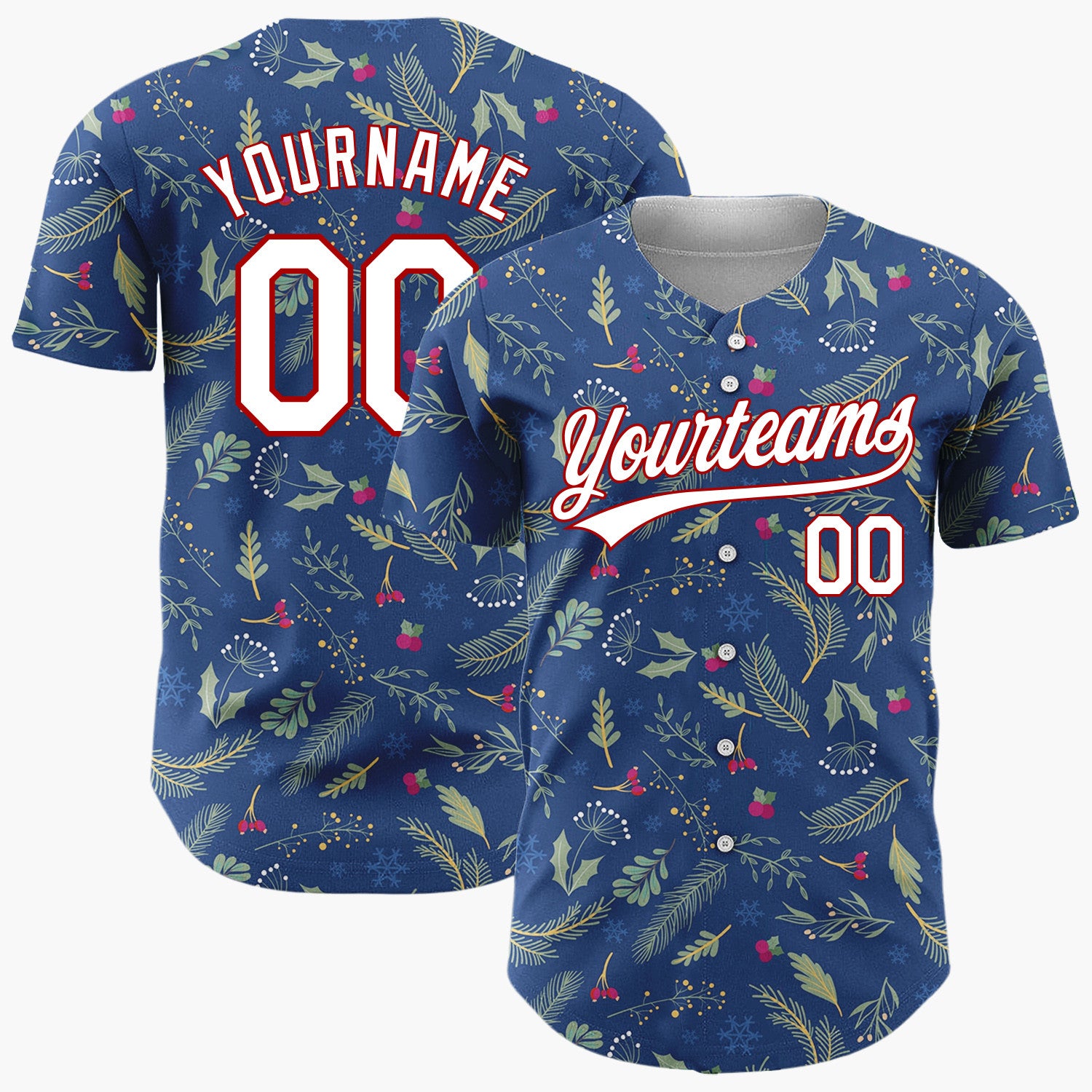 Custom Dark Blue Christmas Foliage Doodles Cartoon Pattern Christmas Baseball Jersey