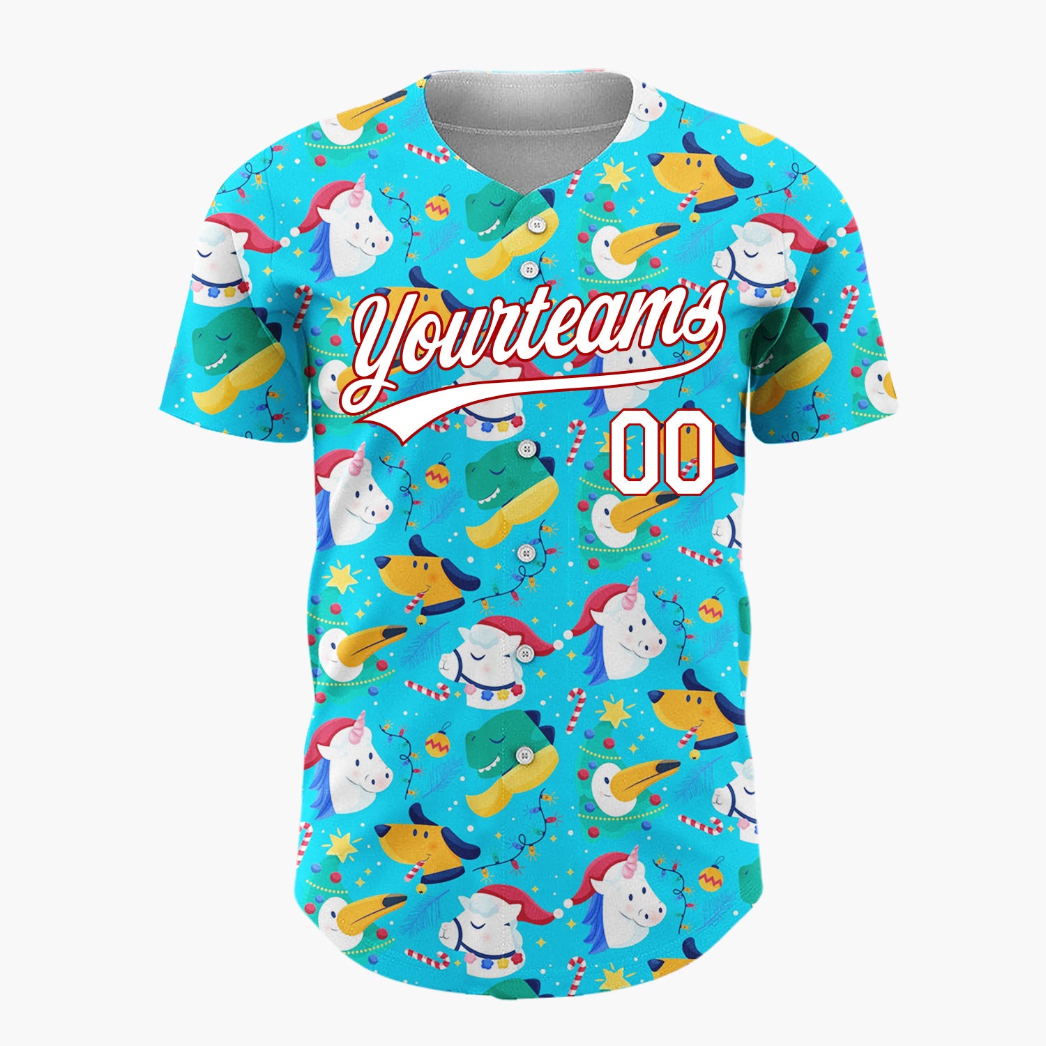 Custom Blue Green Unicorns Dogs And Birds Fun Christmas Baseball Jersey