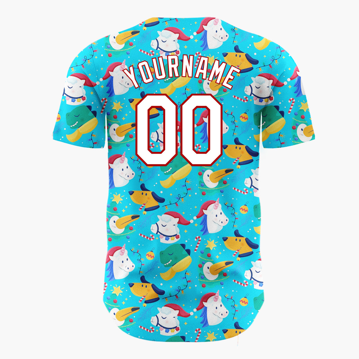 Custom Blue Green Unicorns Dogs And Birds Fun Christmas Baseball Jersey