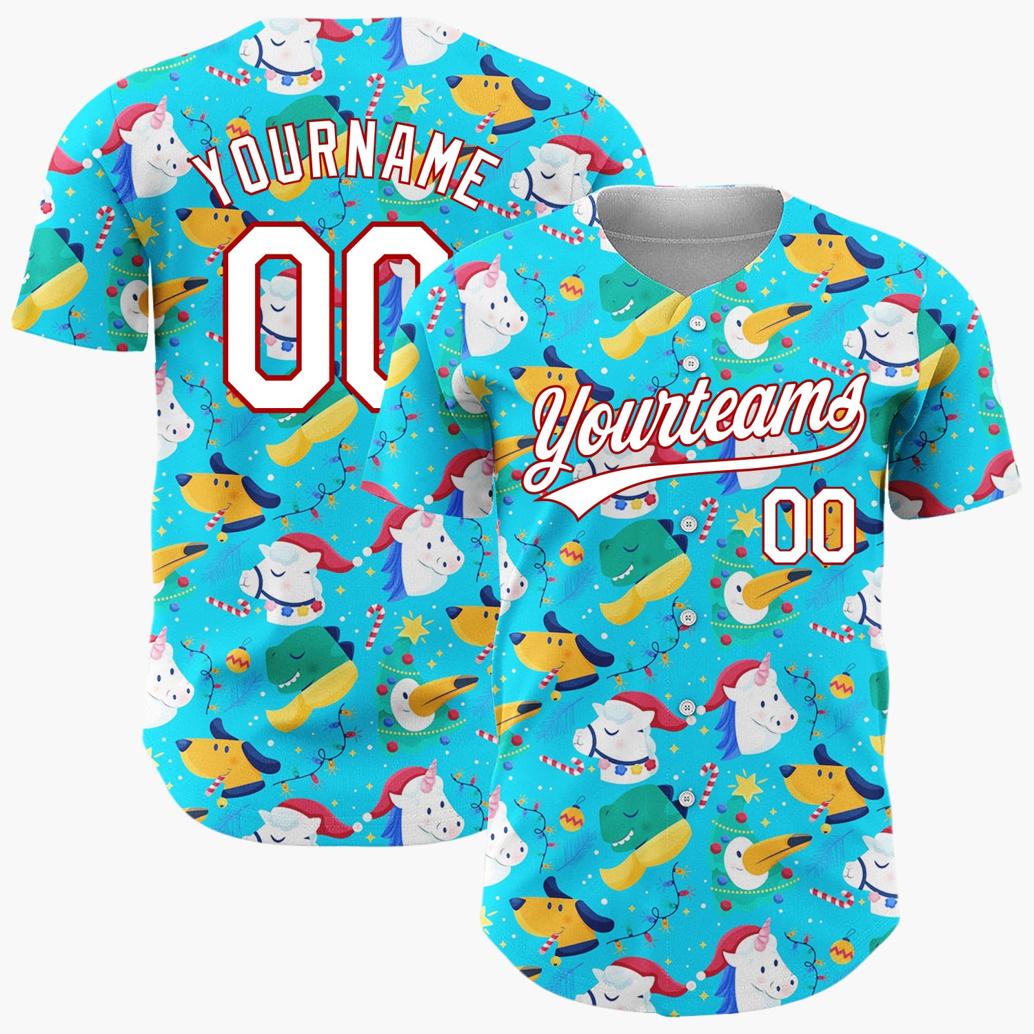 Custom Blue Green Unicorns Dogs And Birds Fun Christmas Baseball Jersey