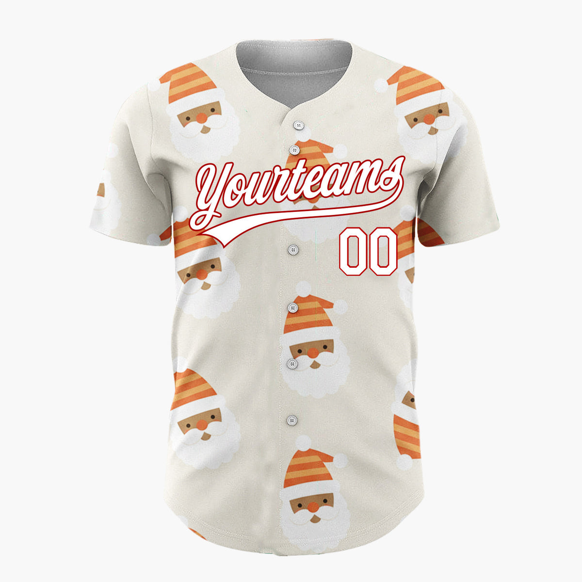 Custom Cream Orange Santa Claus Faces With Hats Merry Holiday Pattern Christmas Baseball Jersey