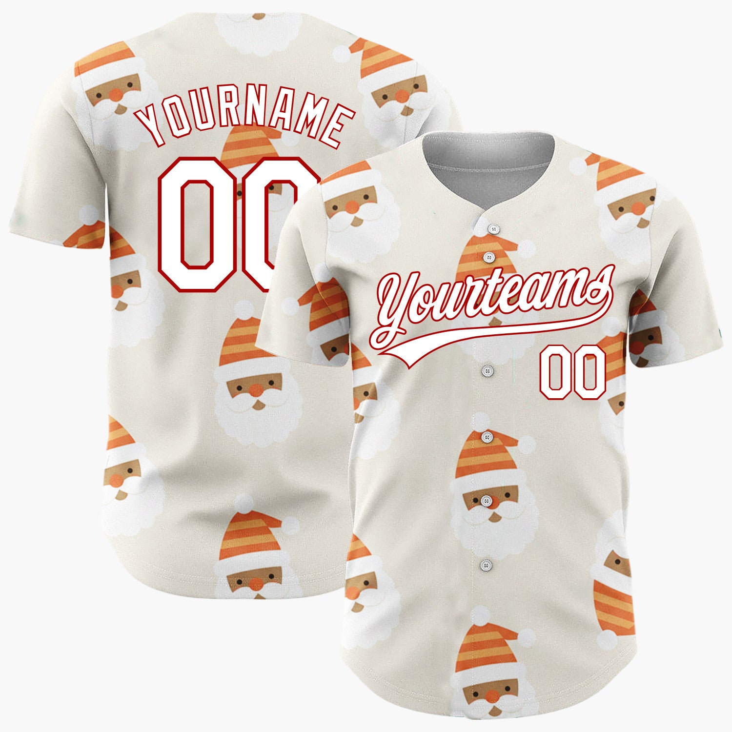 Custom Cream Orange Santa Claus Faces With Hats Merry Holiday Pattern Christmas Baseball Jersey