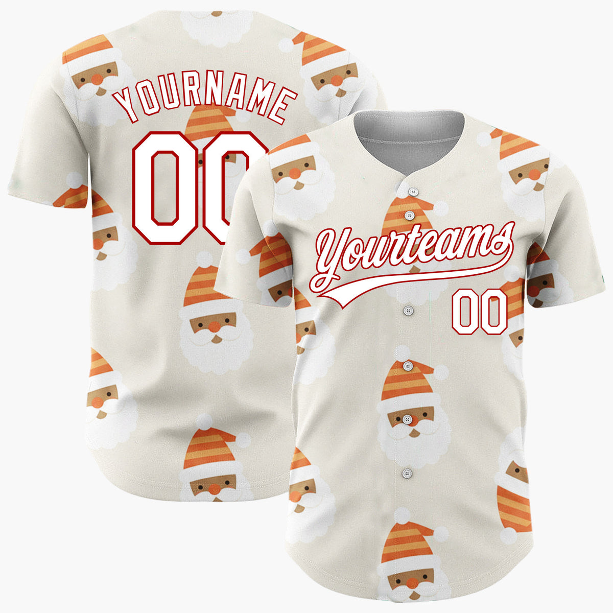 Custom Cream Orange Santa Claus Faces With Hats Merry Holiday Pattern Christmas Baseball Jersey