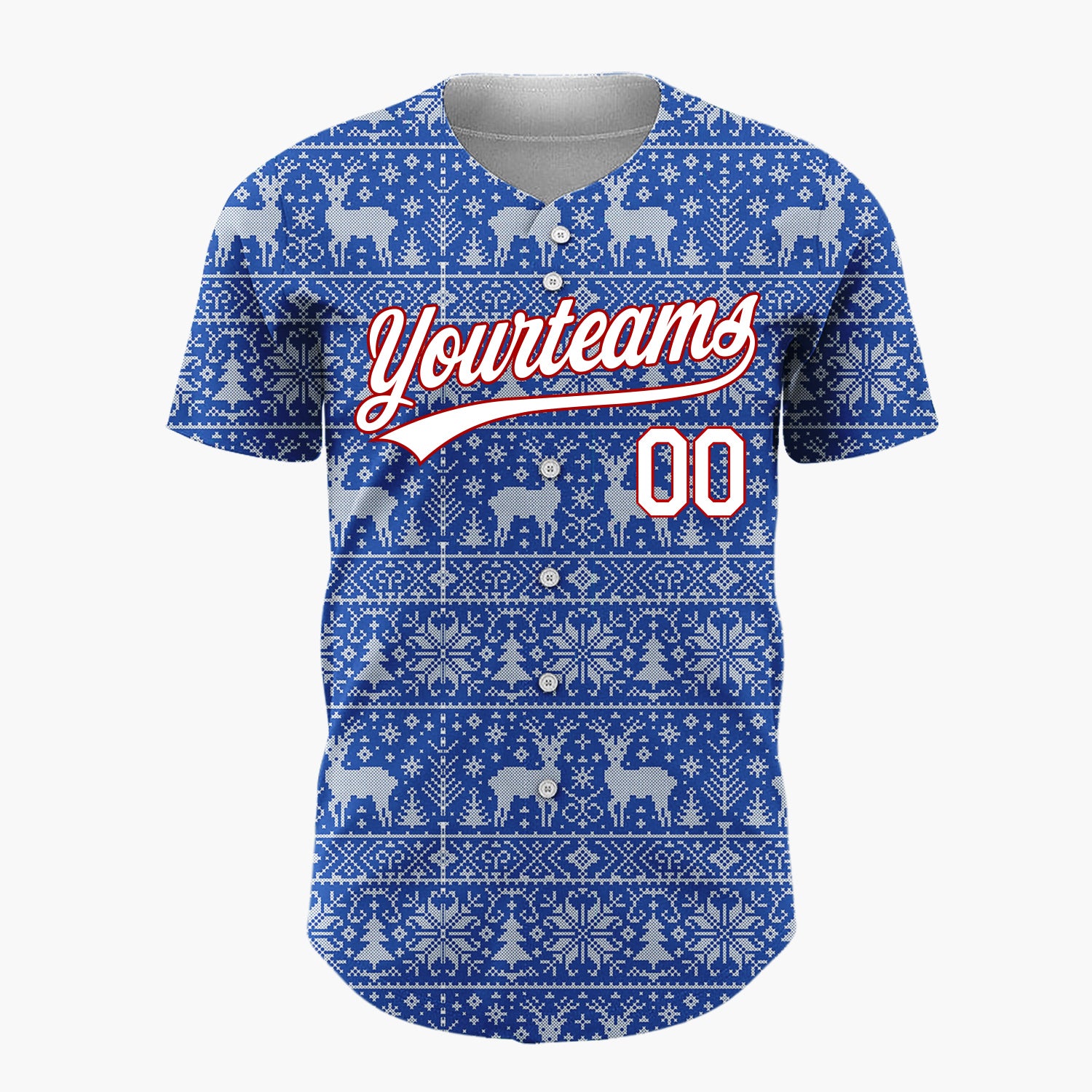 Custom Blue Reindeer Snowflake Bands Fair Isle Knitted Pattern Christmas Baseball Jersey