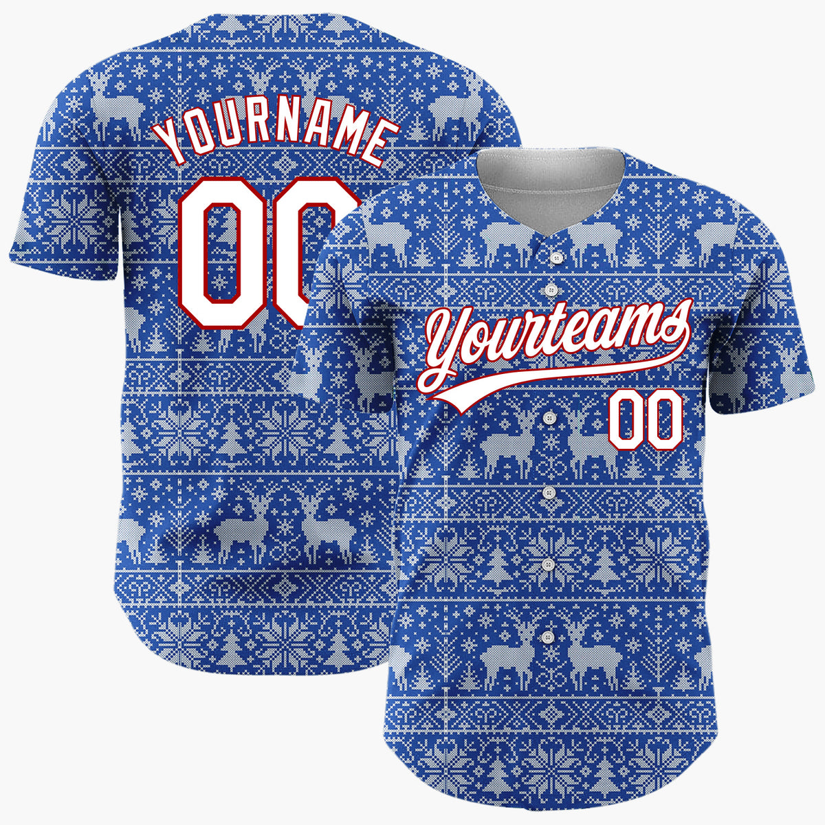 Custom Blue Reindeer Snowflake Bands Fair Isle Knitted Pattern Christmas Baseball Jersey