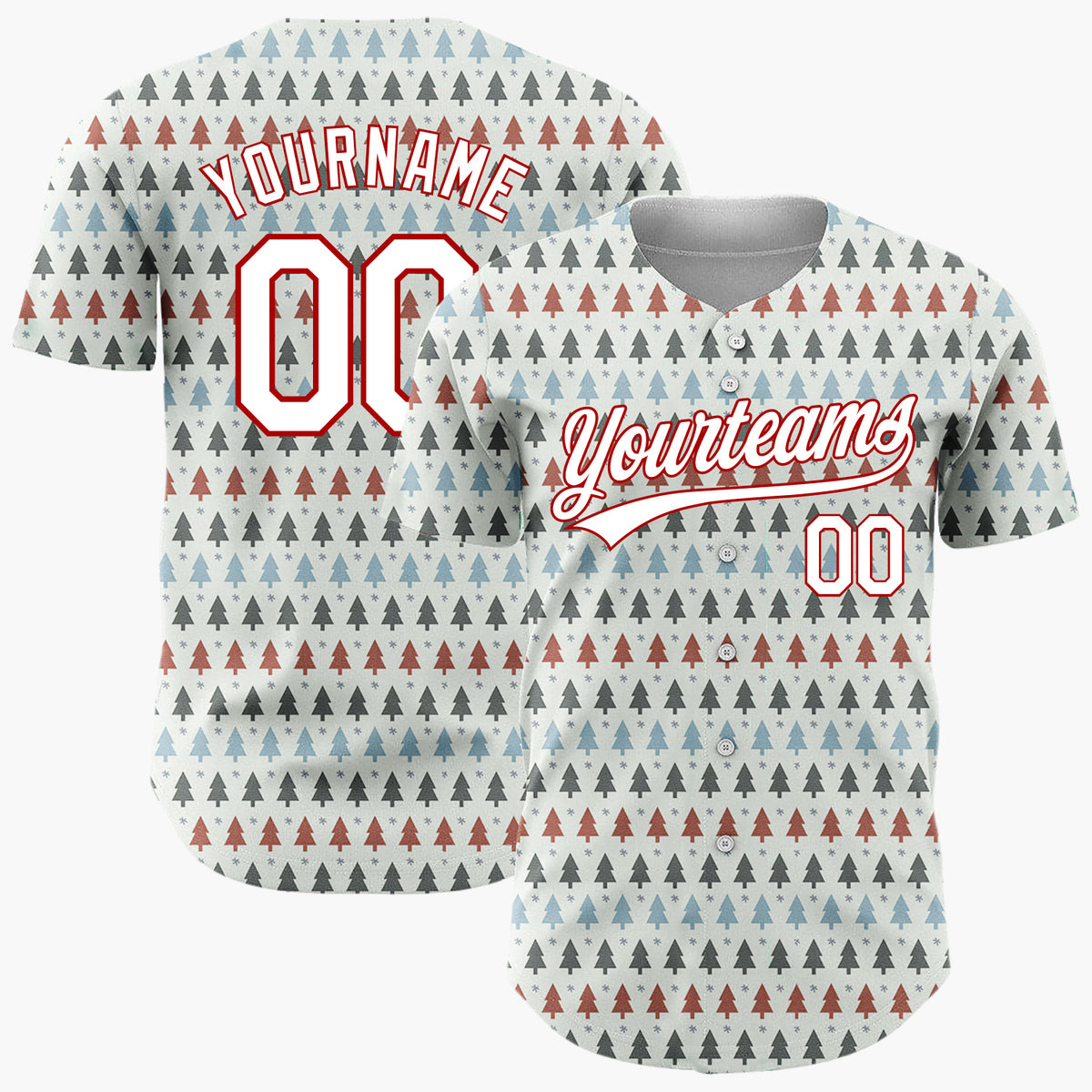 Custom Cream Red Blue Christmas Trees Minimal Geometric Pattern Christmas Baseball Jersey