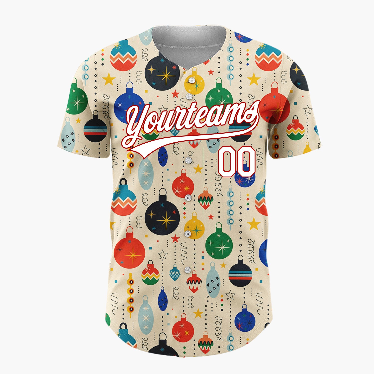 Custom Cream Retro Mid Century Christmas Ornament Pattern Christmas Baseball Jersey