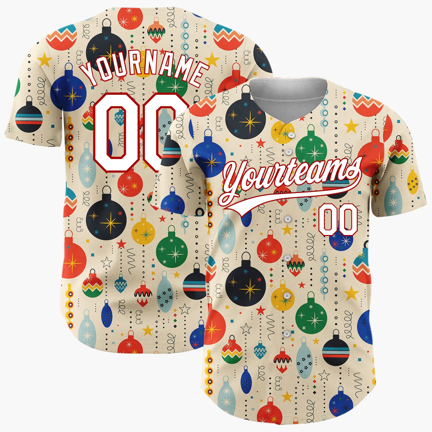 Custom Cream Retro Mid Century Christmas Ornament Pattern Christmas Baseball Jersey