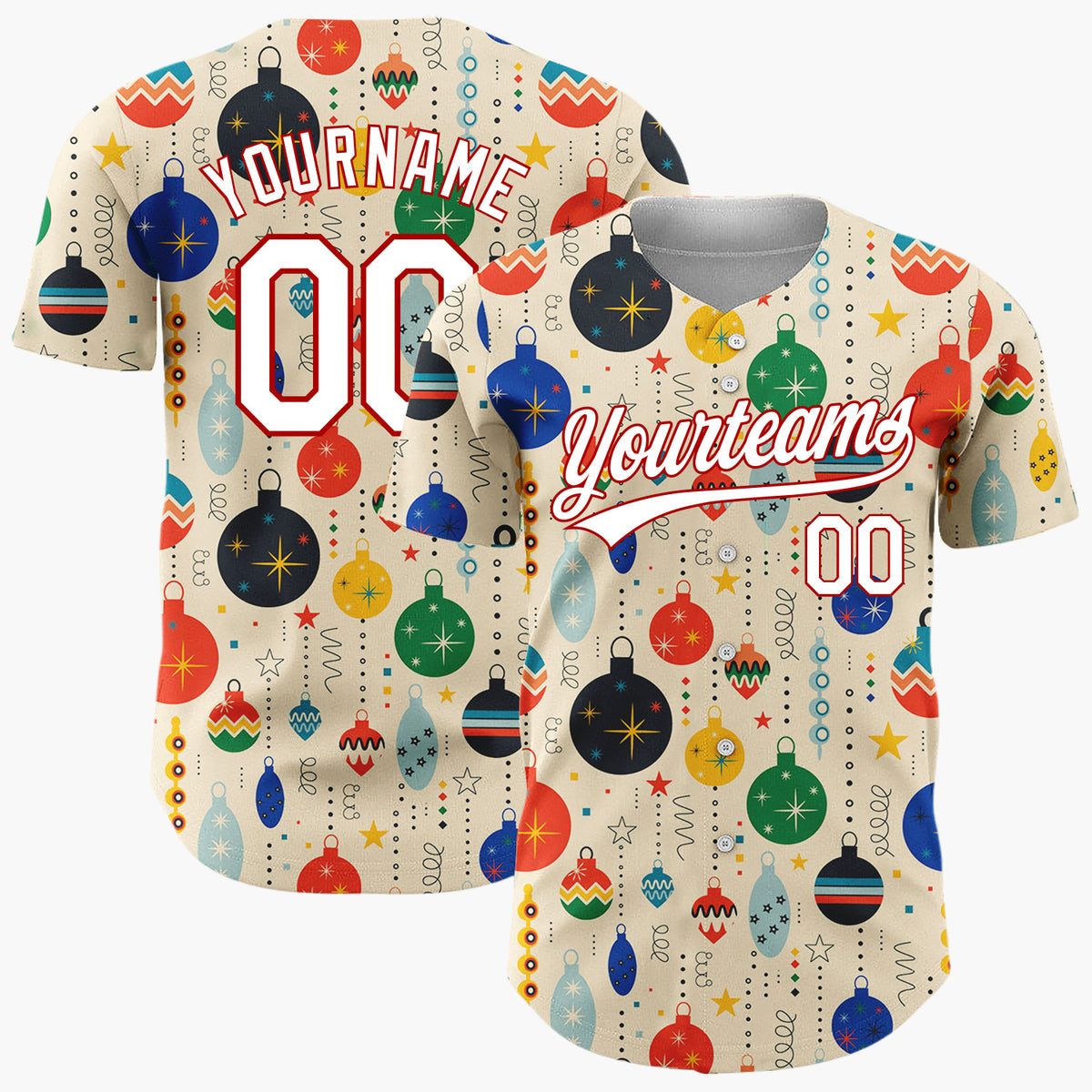 Custom Cream Retro Mid Century Christmas Ornament Pattern Christmas Baseball Jersey