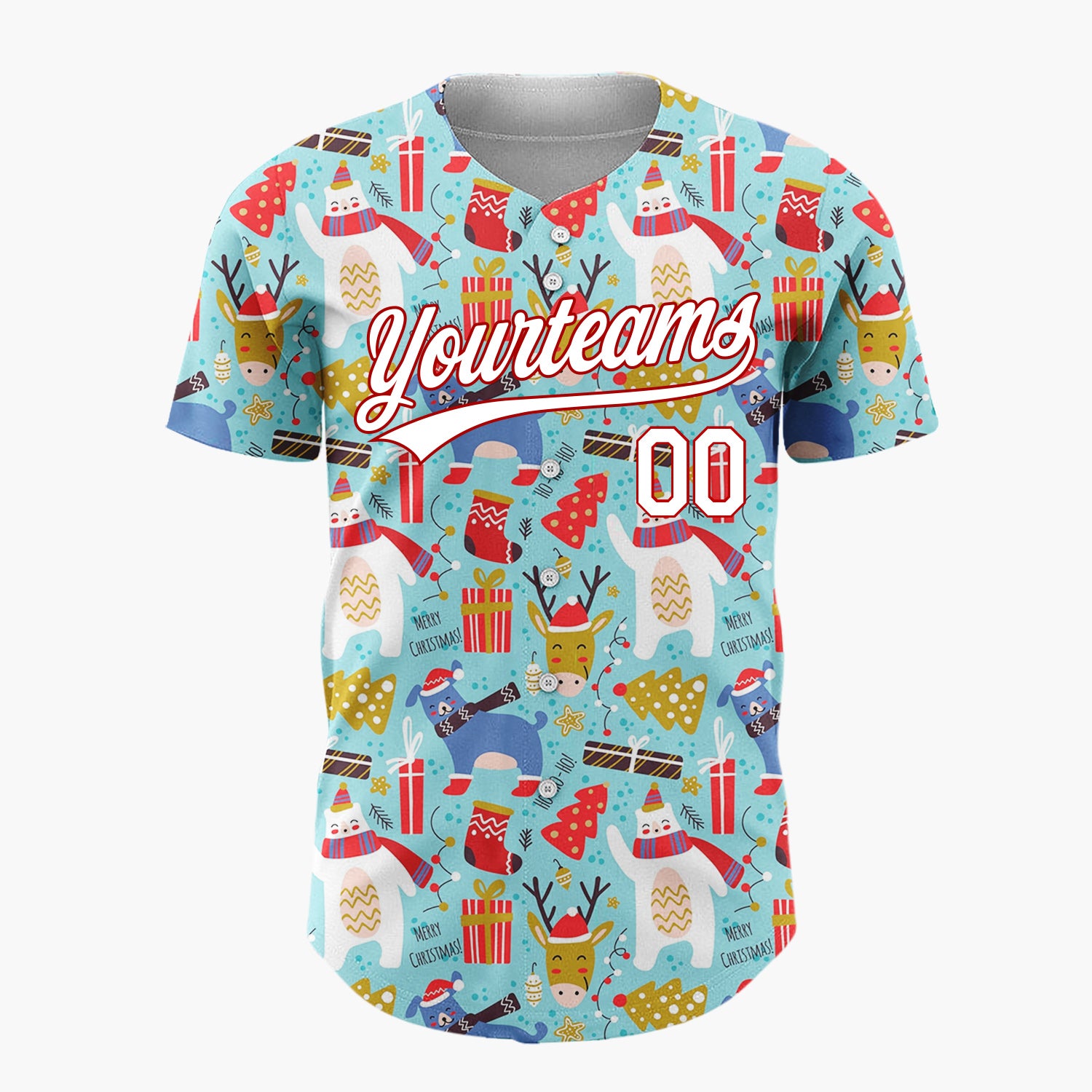 Custom Blue Red White Polar Bear And Reindeer Funny Animals Doodle Pattern Christmas Baseball Jersey