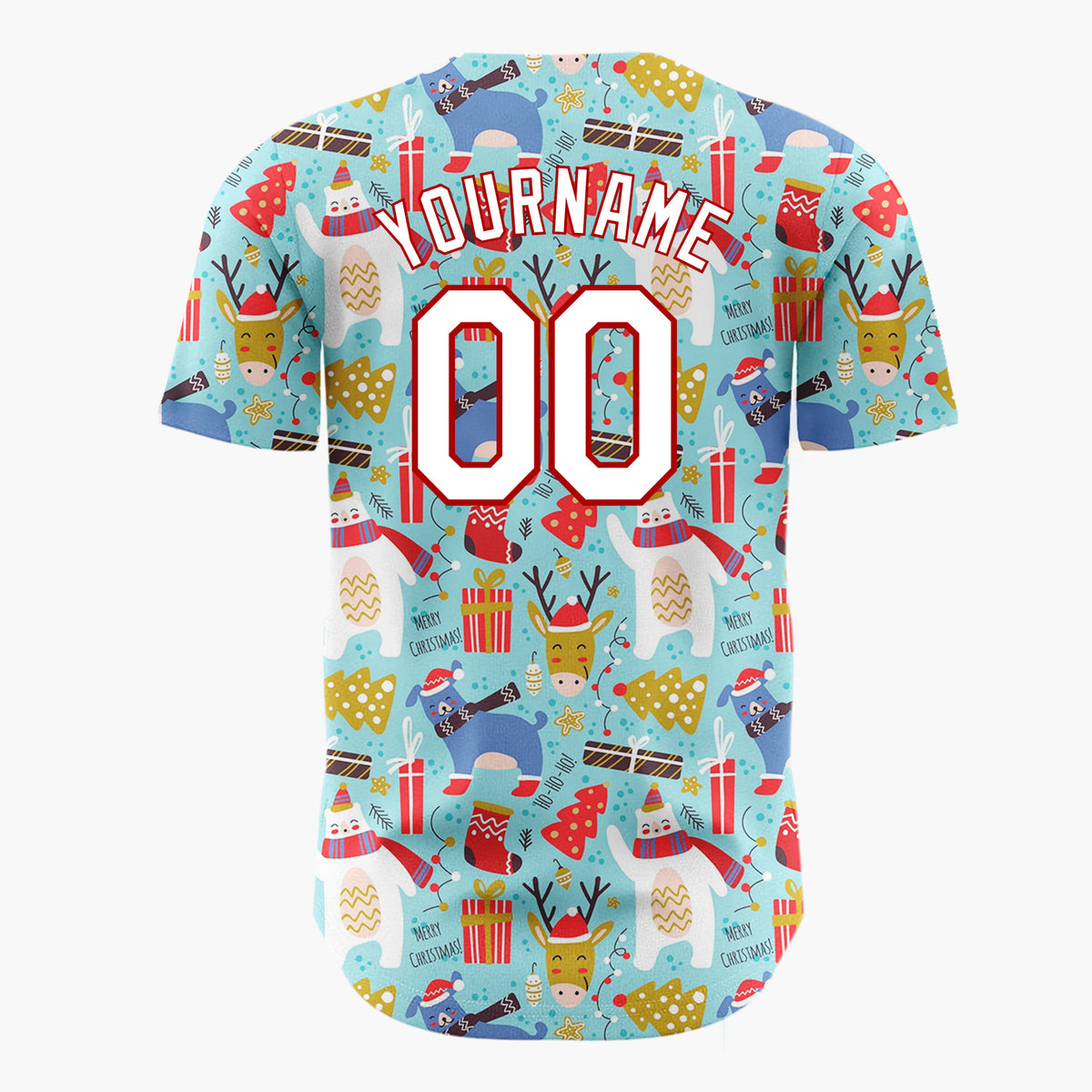 Custom Blue Red White Polar Bear And Reindeer Funny Animals Doodle Pattern Christmas Baseball Jersey