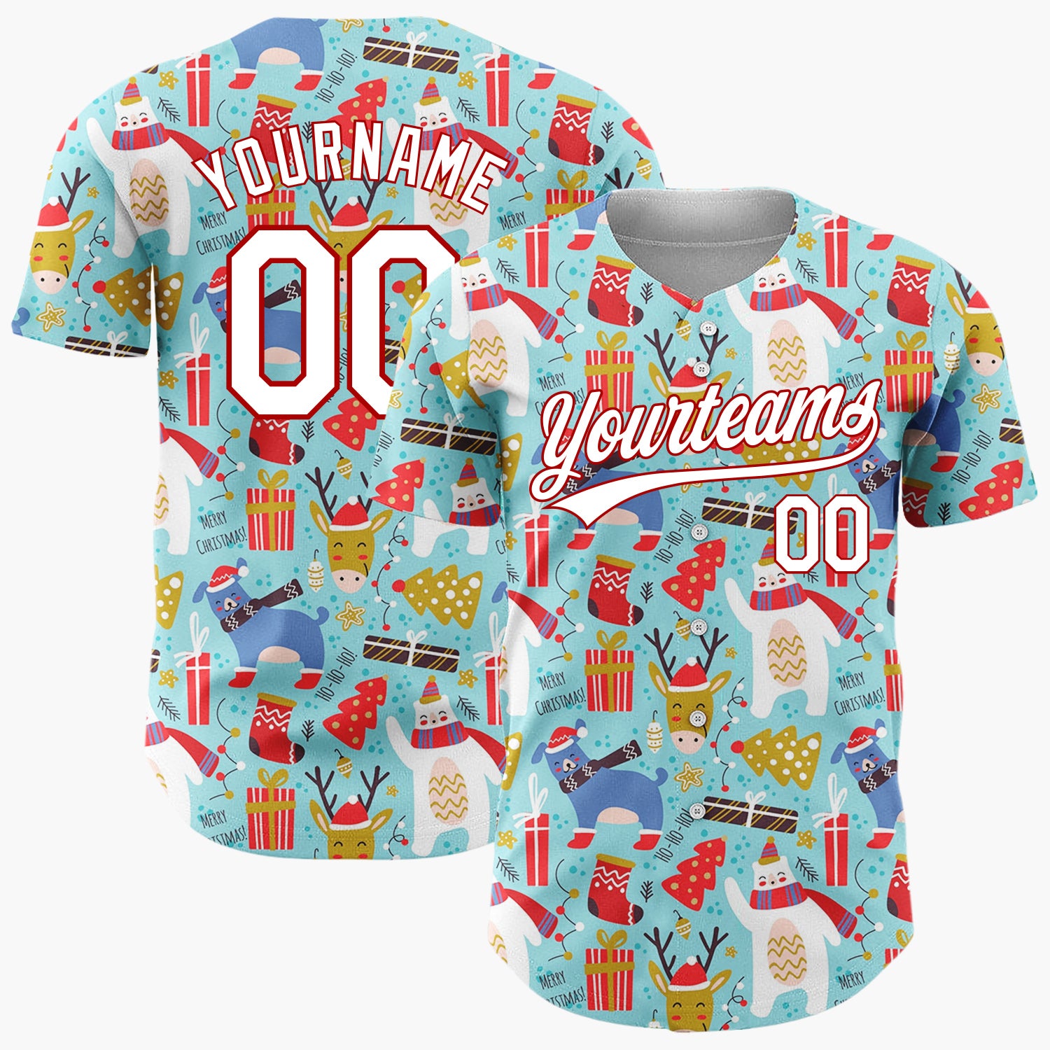 Custom Blue Red White Polar Bear And Reindeer Funny Animals Doodle Pattern Christmas Baseball Jersey