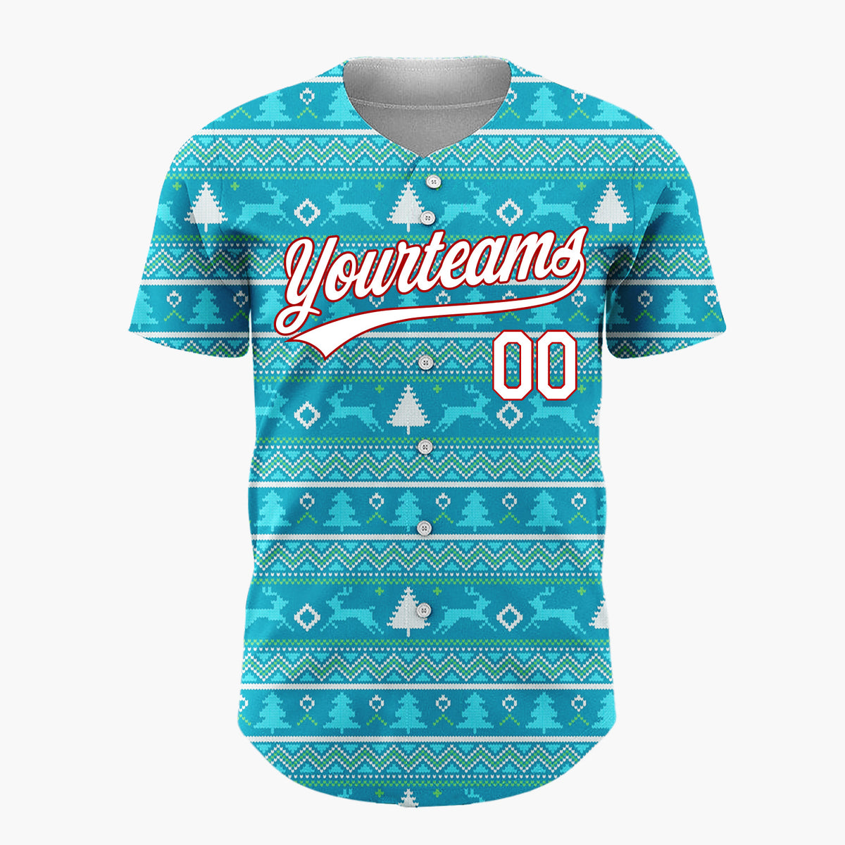 Custom Blue White Trees And Reindeer Nordic Knitted Christmas Baseball Jersey
