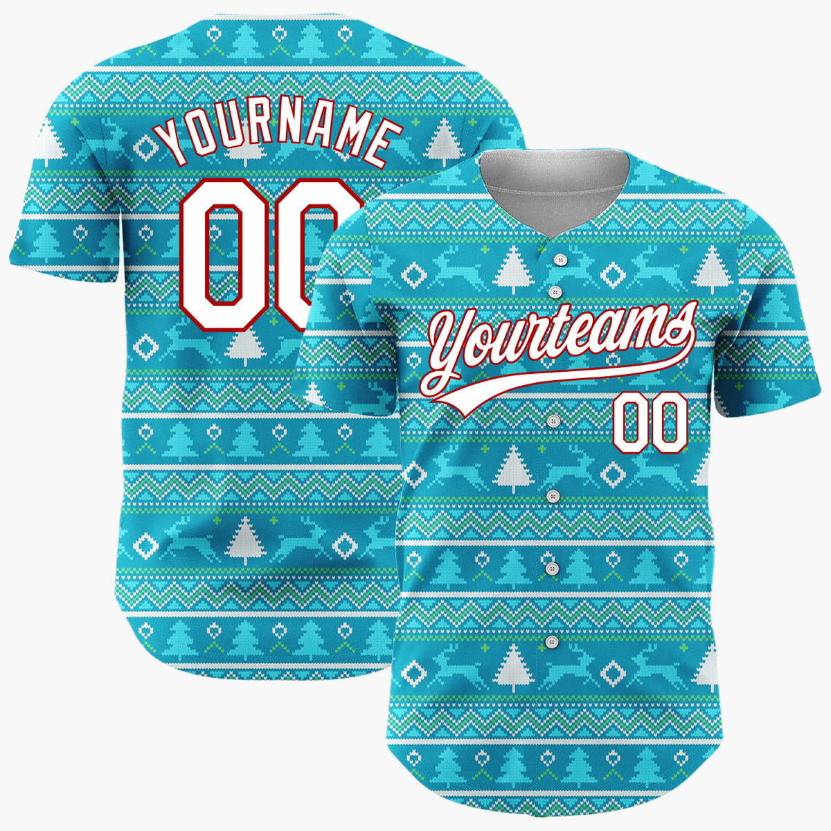Custom Blue White Trees And Reindeer Nordic Knitted Christmas Baseball Jersey