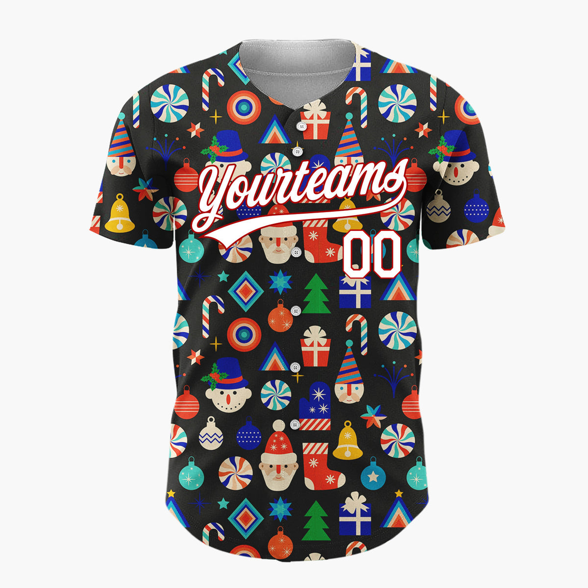 Custom Black Multicolor Snowman Santa Ornaments Geometric Pattern Christmas Baseball Jersey