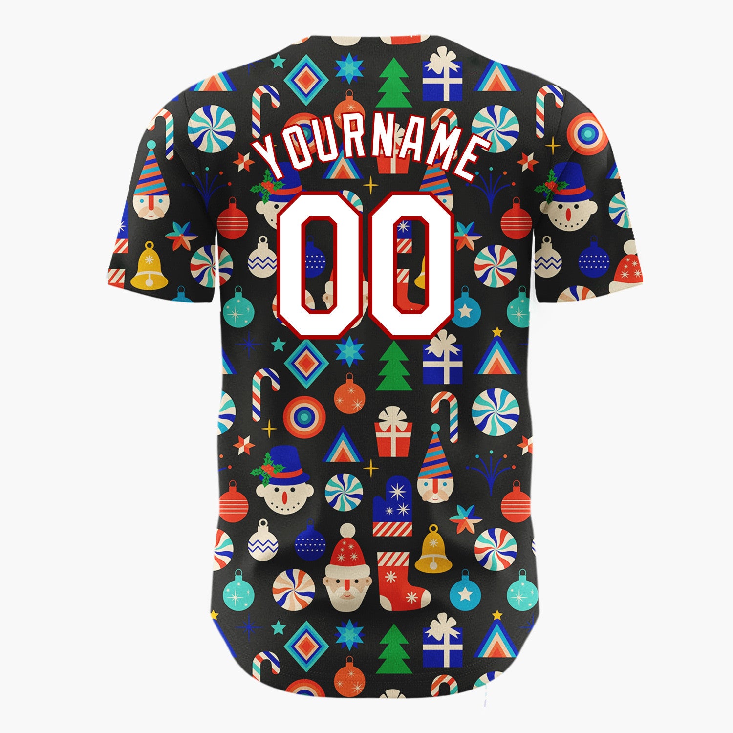 Custom Black Multicolor Snowman Santa Ornaments Geometric Pattern Christmas Baseball Jersey
