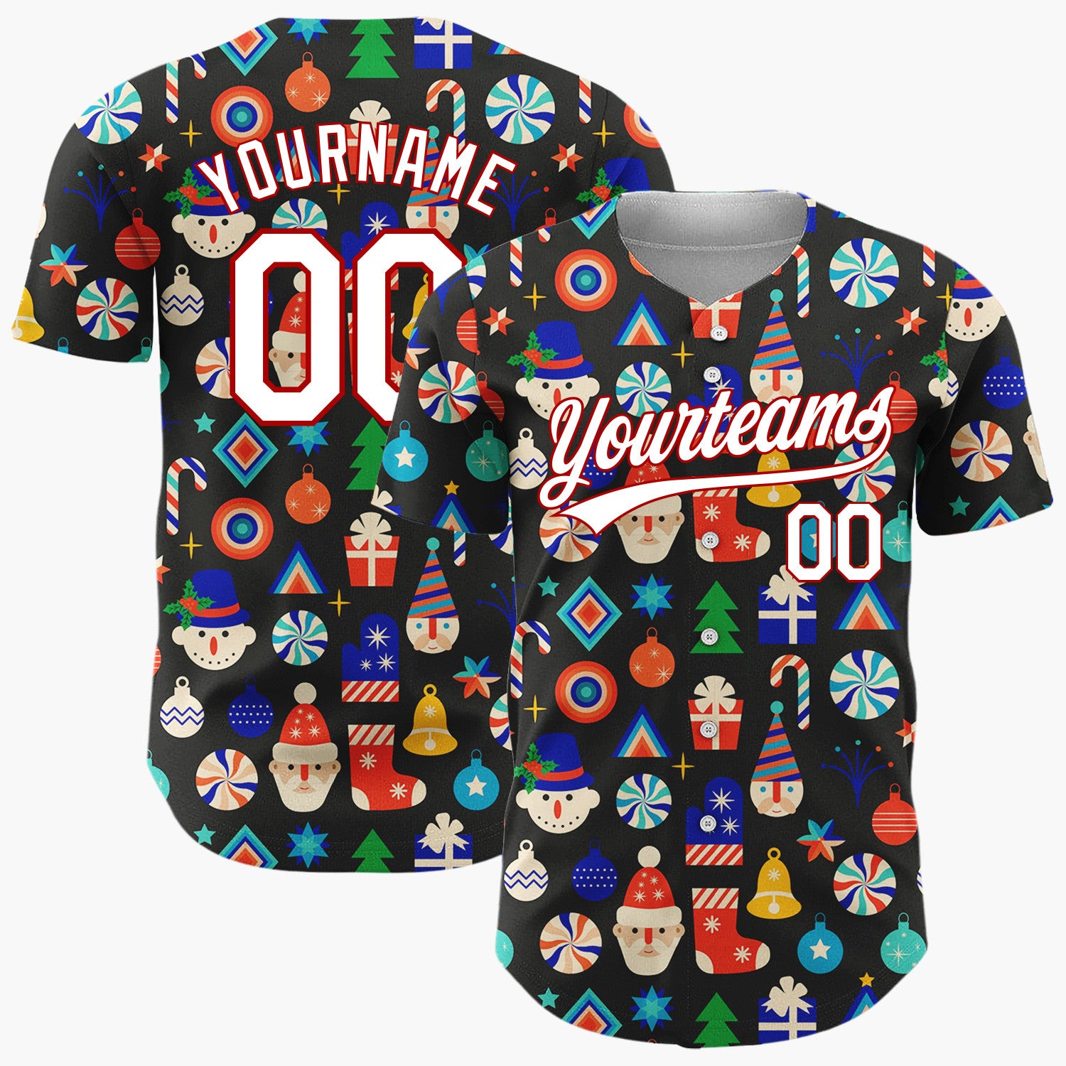 Custom Black Multicolor Snowman Santa Ornaments Geometric Pattern Christmas Baseball Jersey