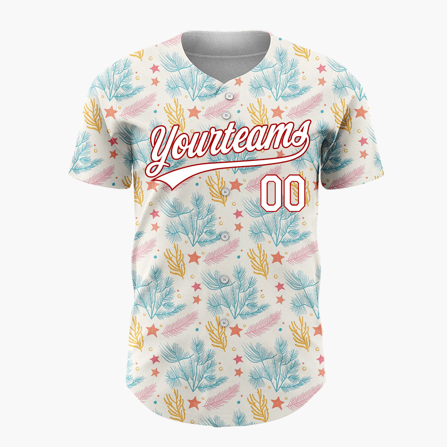 Custom Cream Teal Pine Branches Stars And Leaves Hand Drawn Holiday Pattern Christmas Baseball Jersey