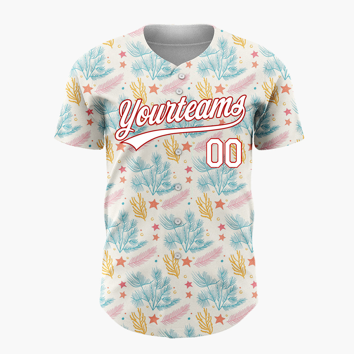 Custom Cream Teal Pine Branches Stars And Leaves Hand Drawn Holiday Pattern Christmas Baseball Jersey