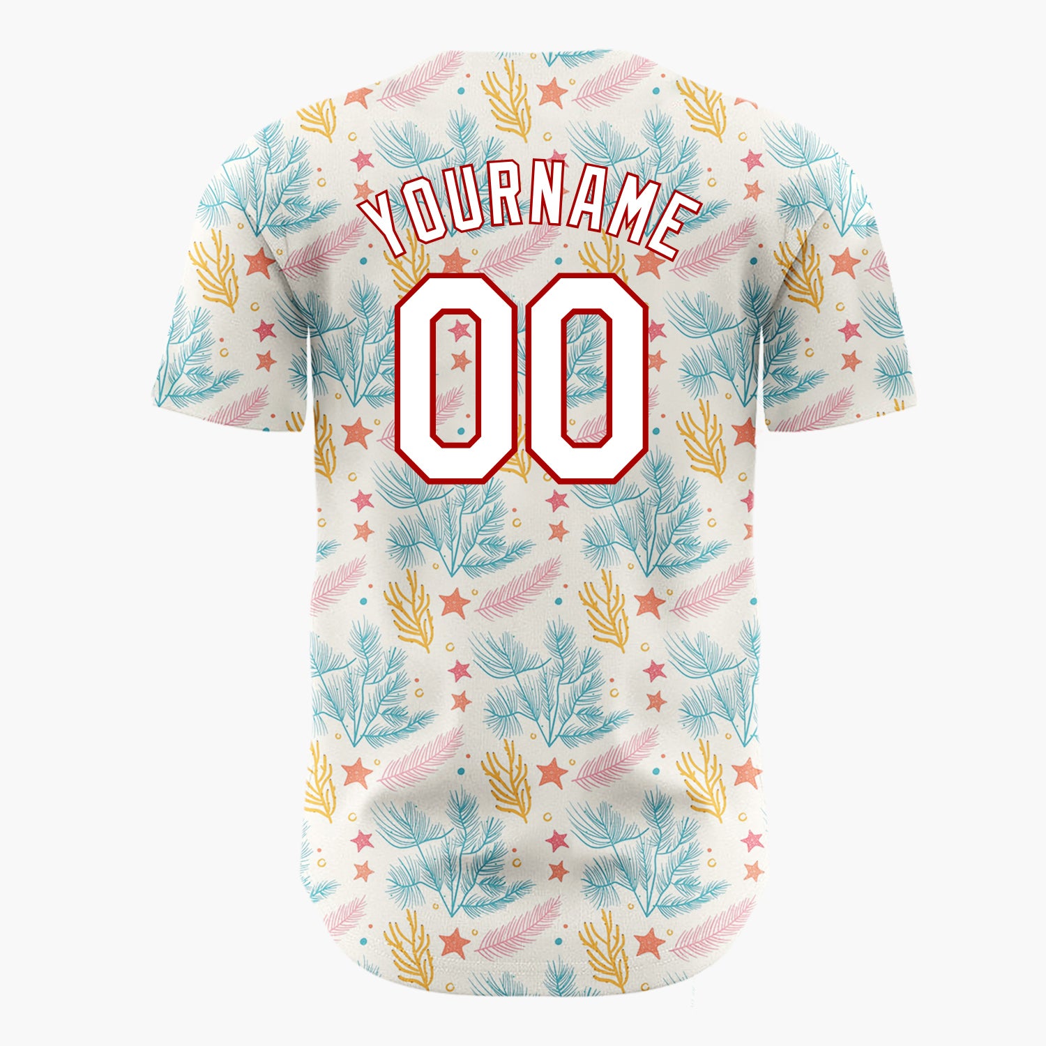 Custom Cream Teal Pine Branches Stars And Leaves Hand Drawn Holiday Pattern Christmas Baseball Jersey