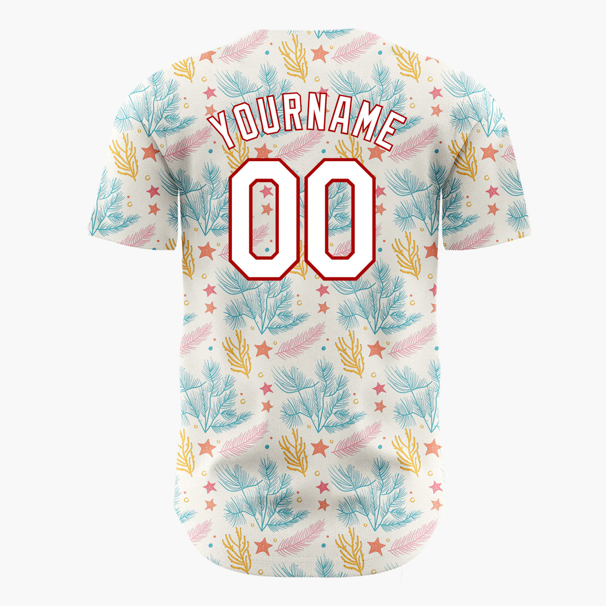 Custom Cream Teal Pine Branches Stars And Leaves Hand Drawn Holiday Pattern Christmas Baseball Jersey