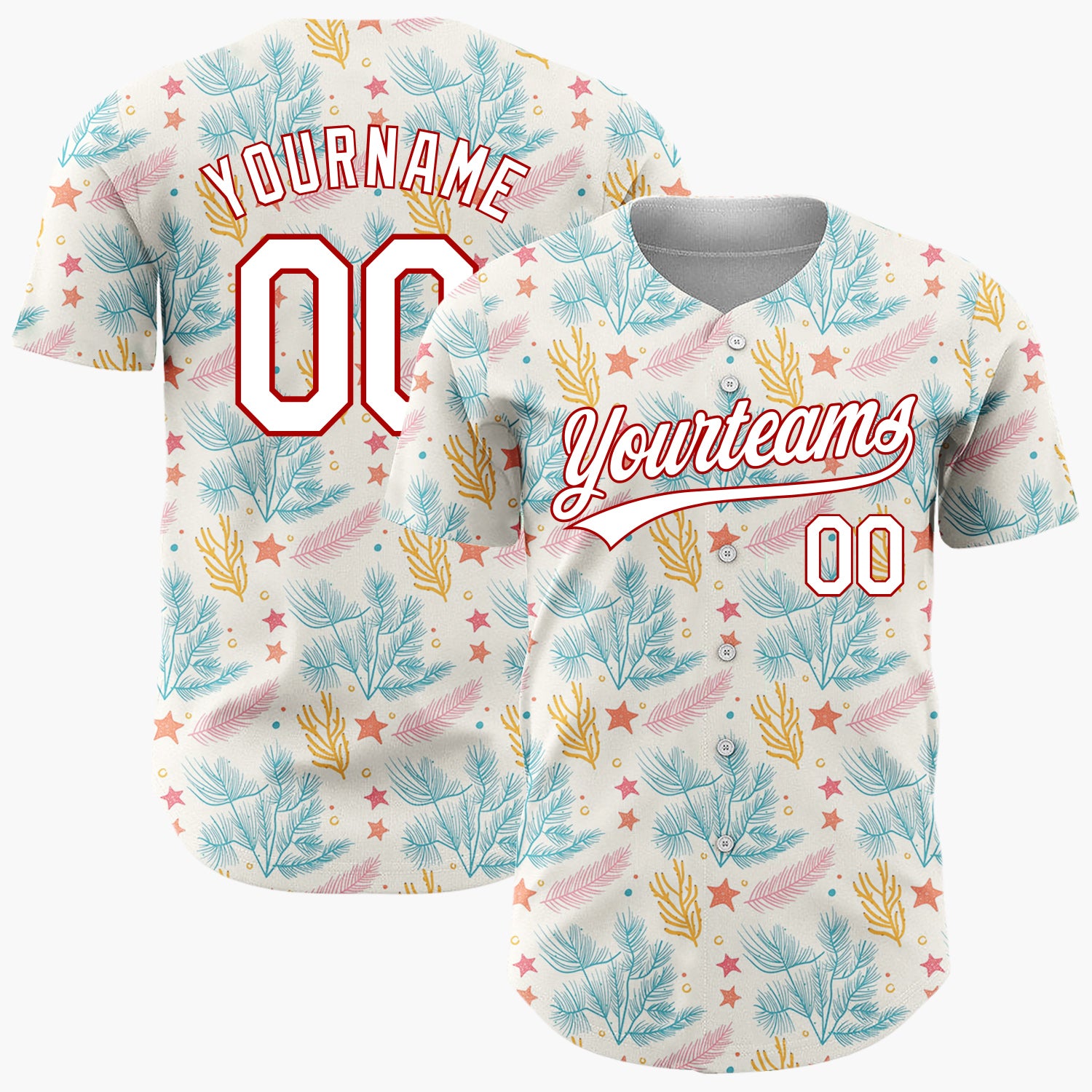 Custom Cream Teal Pine Branches Stars And Leaves Hand Drawn Holiday Pattern Christmas Baseball Jersey