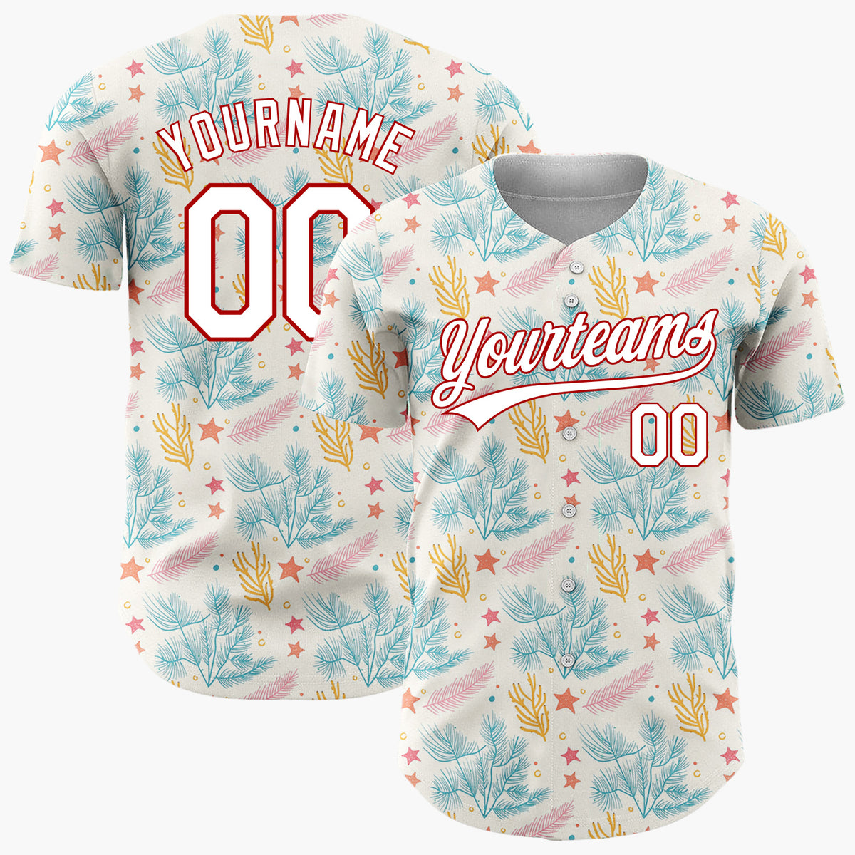 Custom Cream Teal Pine Branches Stars And Leaves Hand Drawn Holiday Pattern Christmas Baseball Jersey