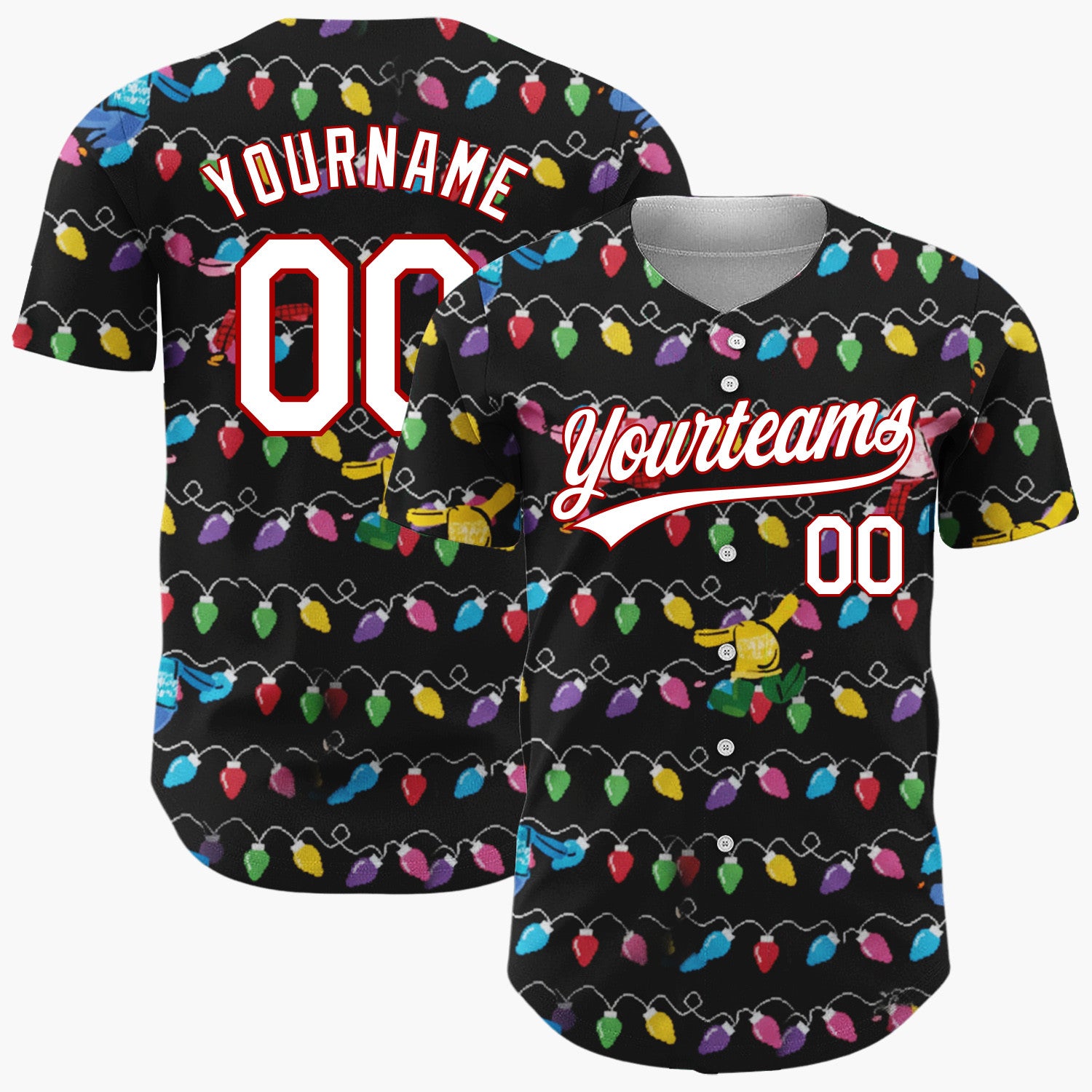 Custom Black Yellow Blue Dancing Sweaters And Lights Fun Christmas Baseball Jersey
