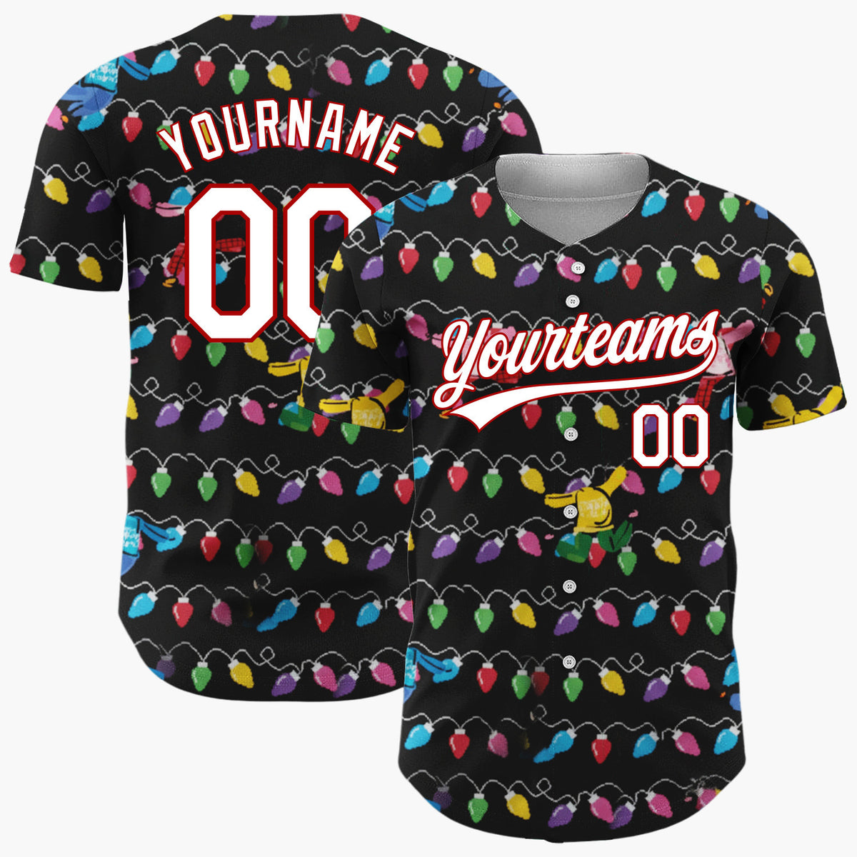 Custom Black Yellow Blue Dancing Sweaters And Lights Fun Christmas Baseball Jersey