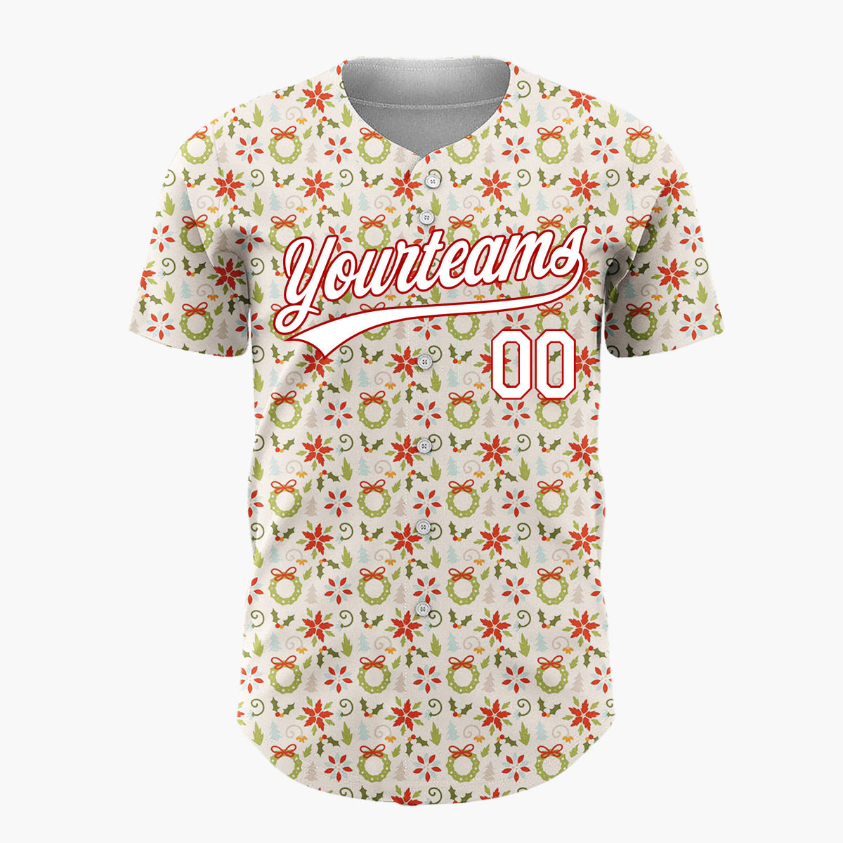 Custom Cream Red Green Poinsettia Wreaths And Leaves Elegant Christmas Baseball Jersey