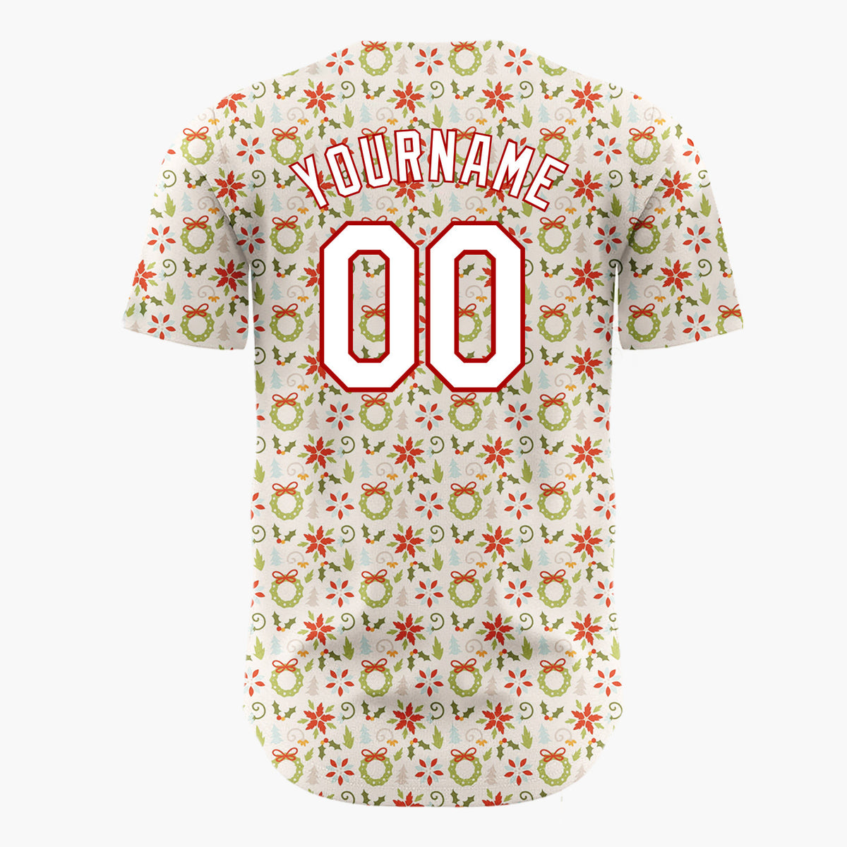 Custom Cream Red Green Poinsettia Wreaths And Leaves Elegant Christmas Baseball Jersey