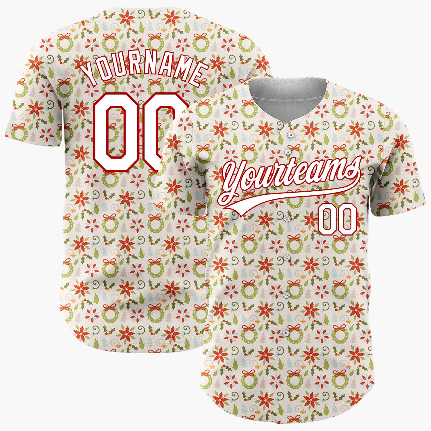 Custom Cream Red Green Poinsettia Wreaths And Leaves Elegant Christmas Baseball Jersey