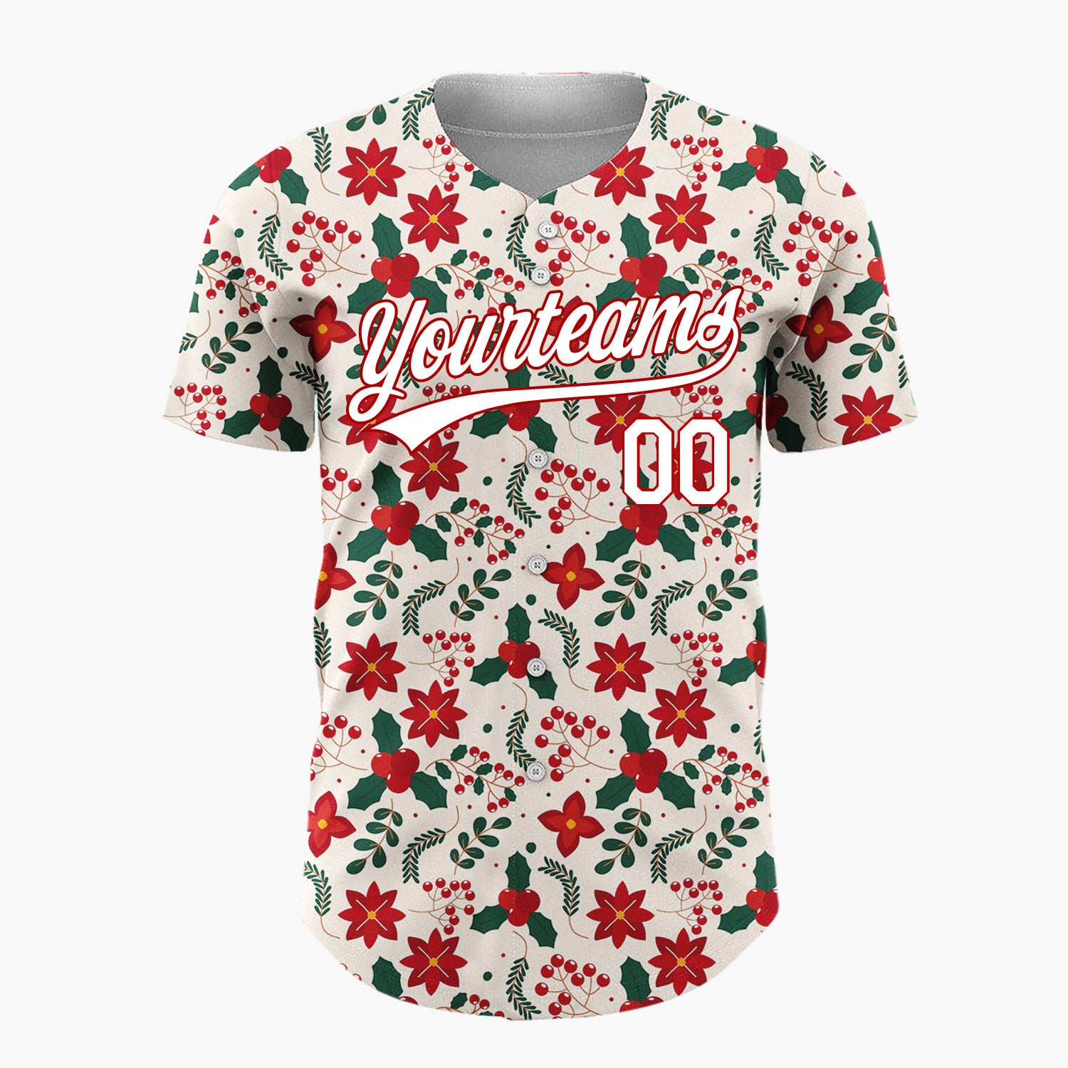 Custom Cream Poinsettia Holly Traditional Pattern Christmas Baseball Jersey