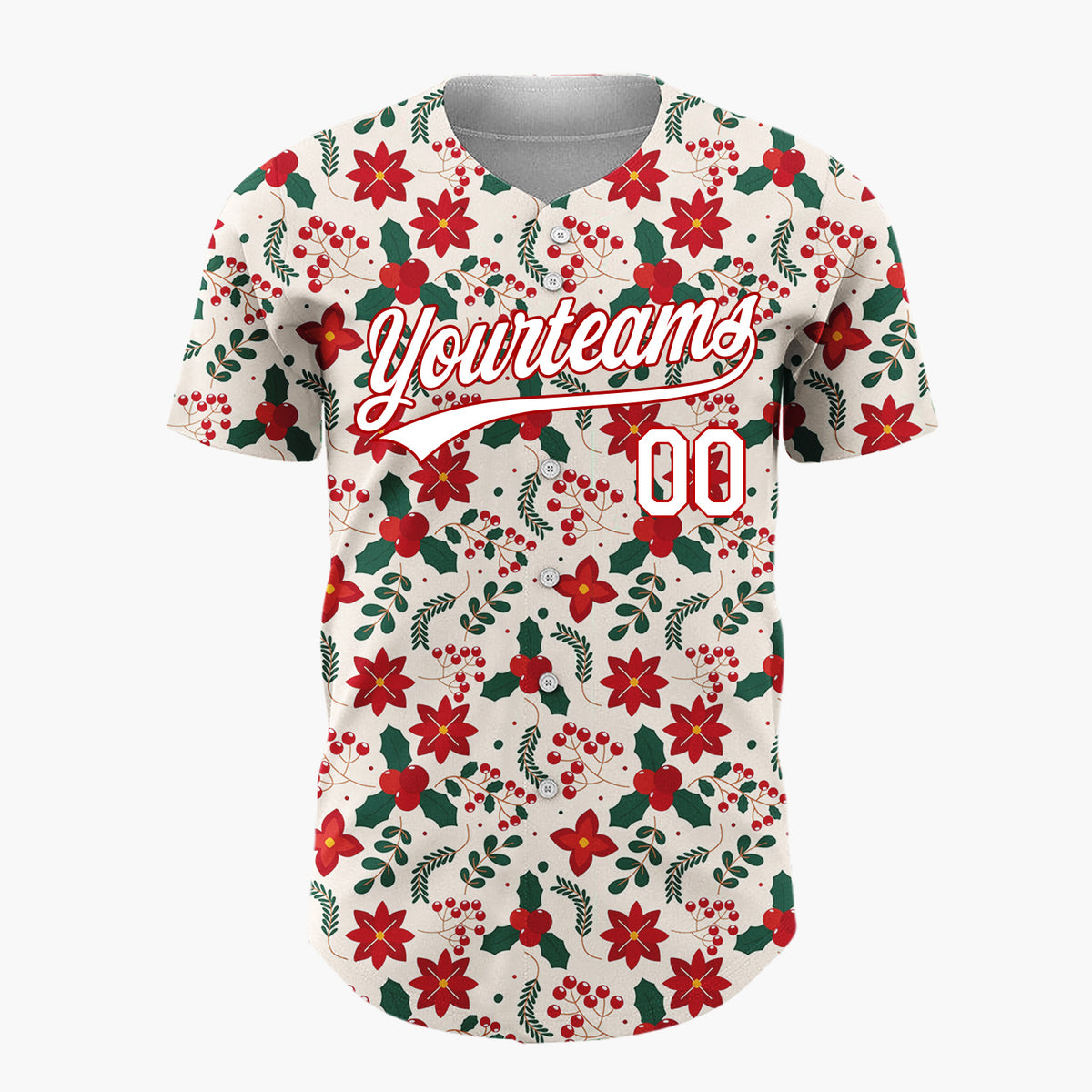 Custom Cream Poinsettia Holly Traditional Pattern Christmas Baseball Jersey
