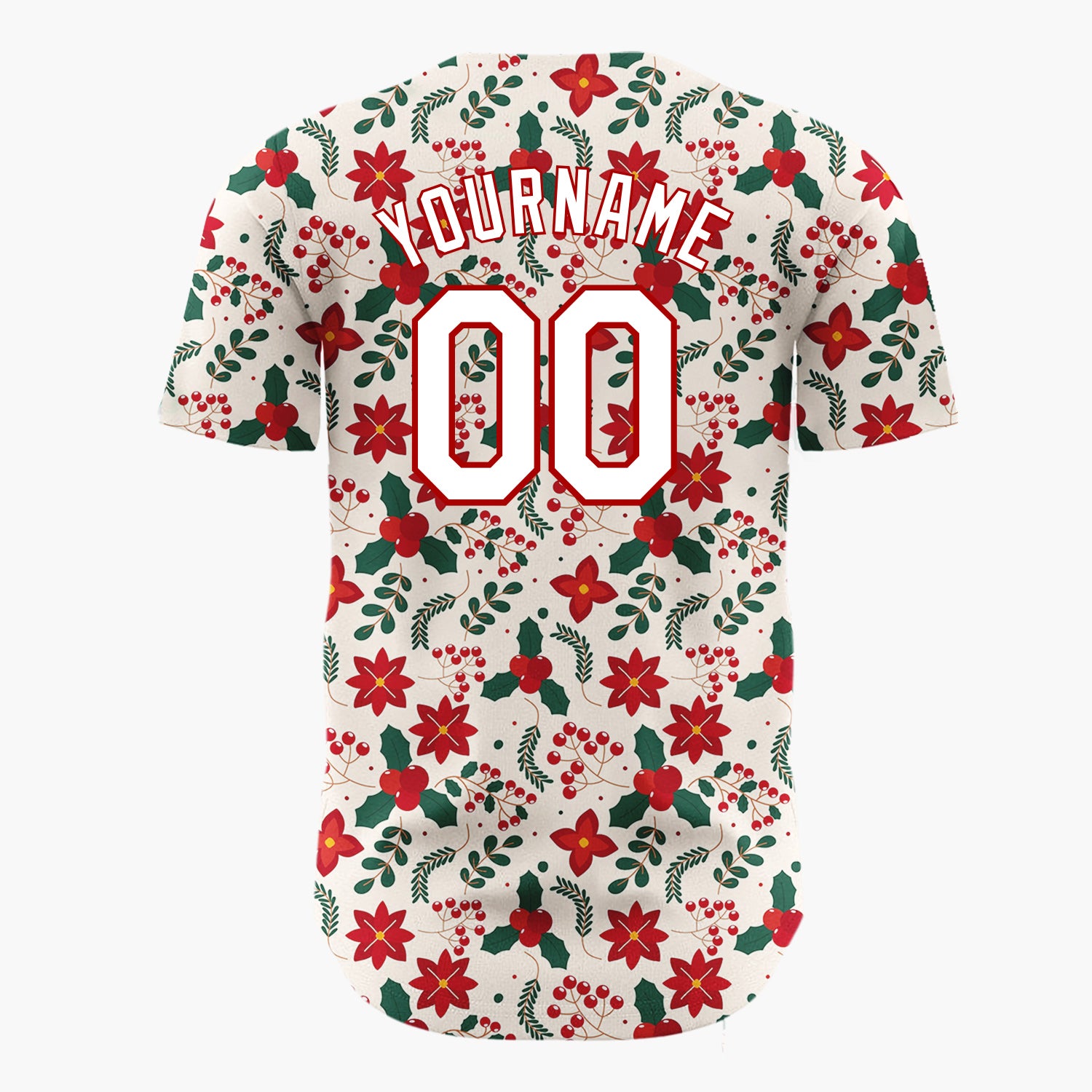 Custom Cream Poinsettia Holly Traditional Pattern Christmas Baseball Jersey