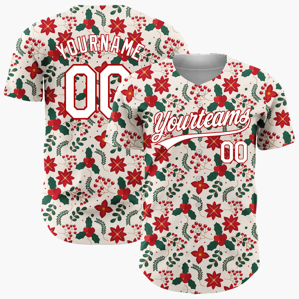 Custom Cream Poinsettia Holly Traditional Pattern Christmas Baseball Jersey