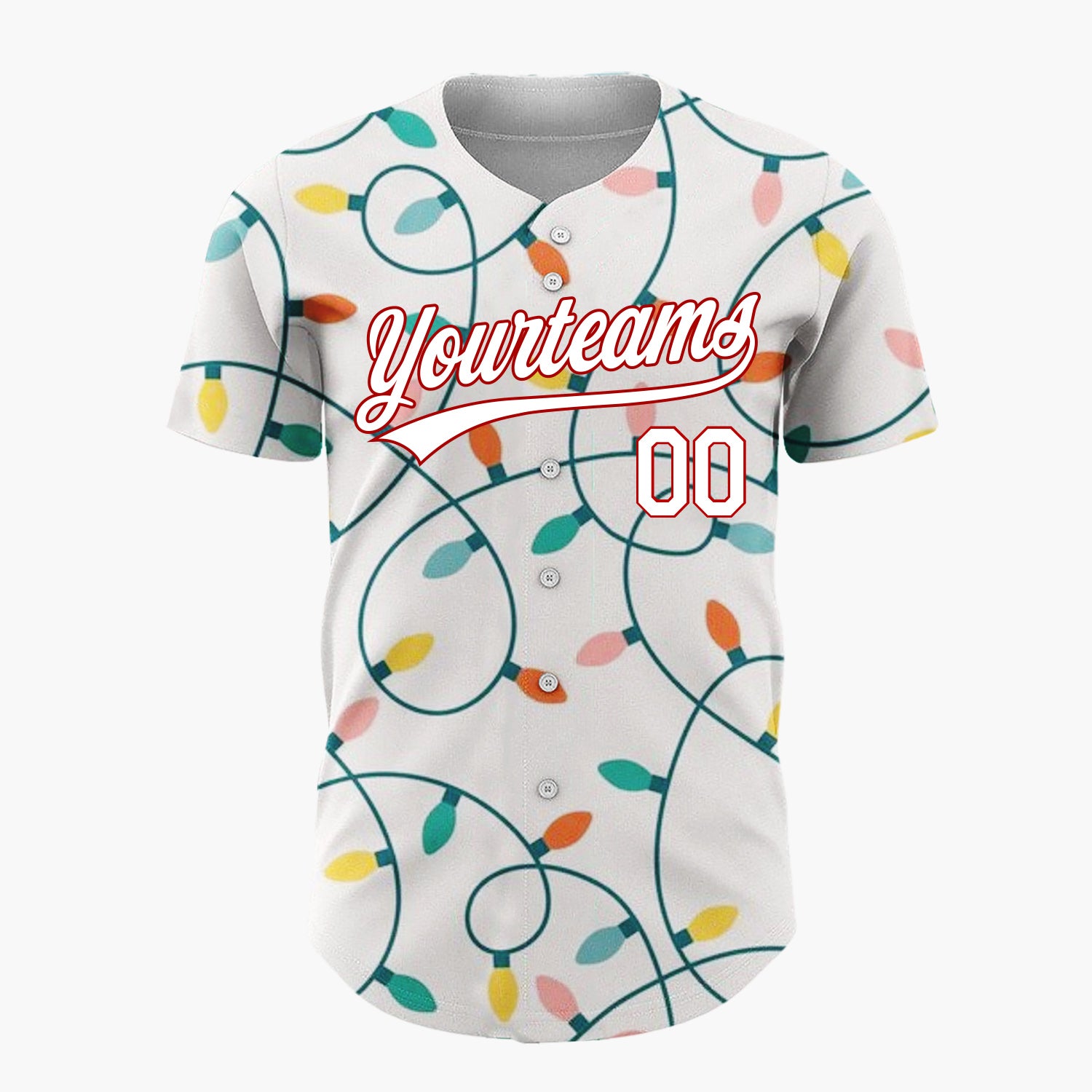 Custom Cream Tangled Colorful Christmas Lights Whimsical Christmas Baseball Jersey