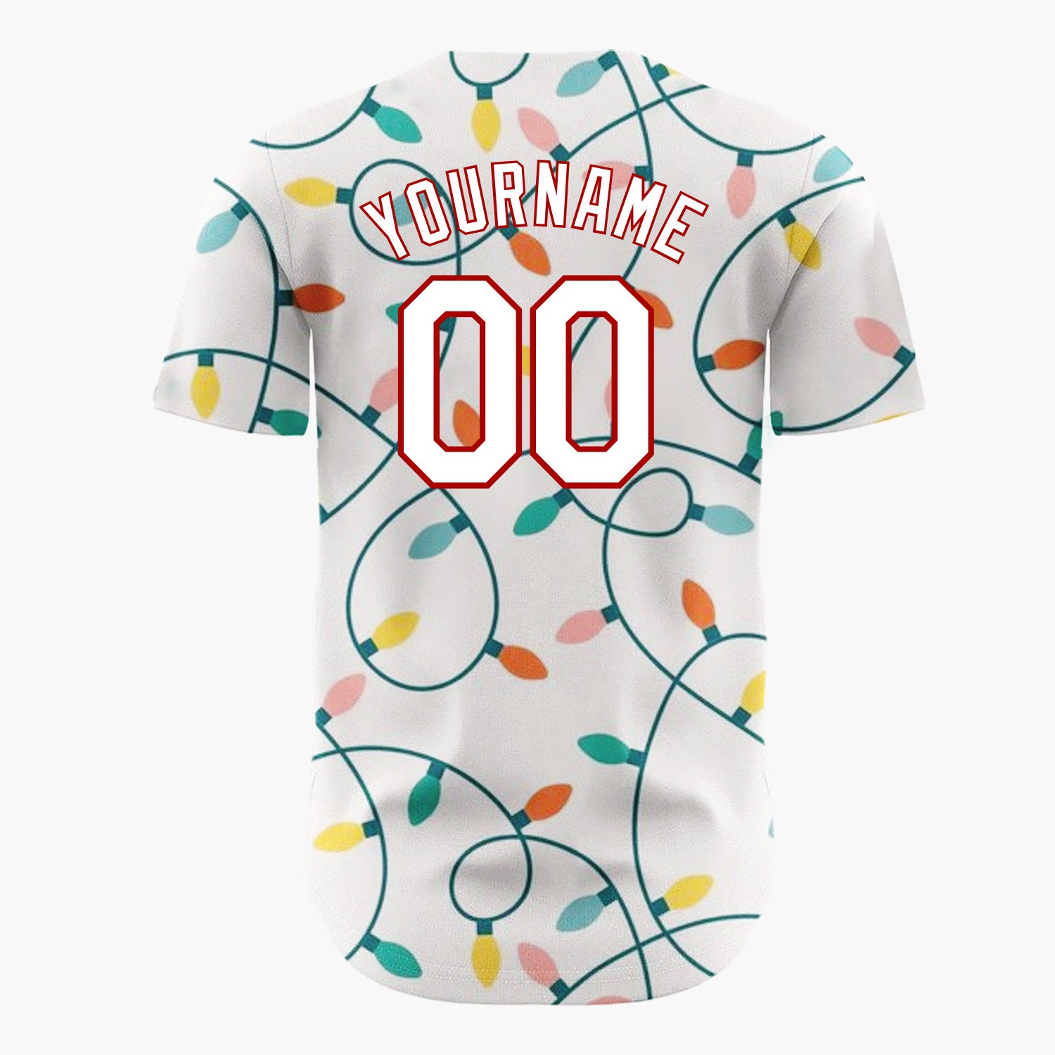 Custom Cream Tangled Colorful Christmas Lights Whimsical Christmas Baseball Jersey