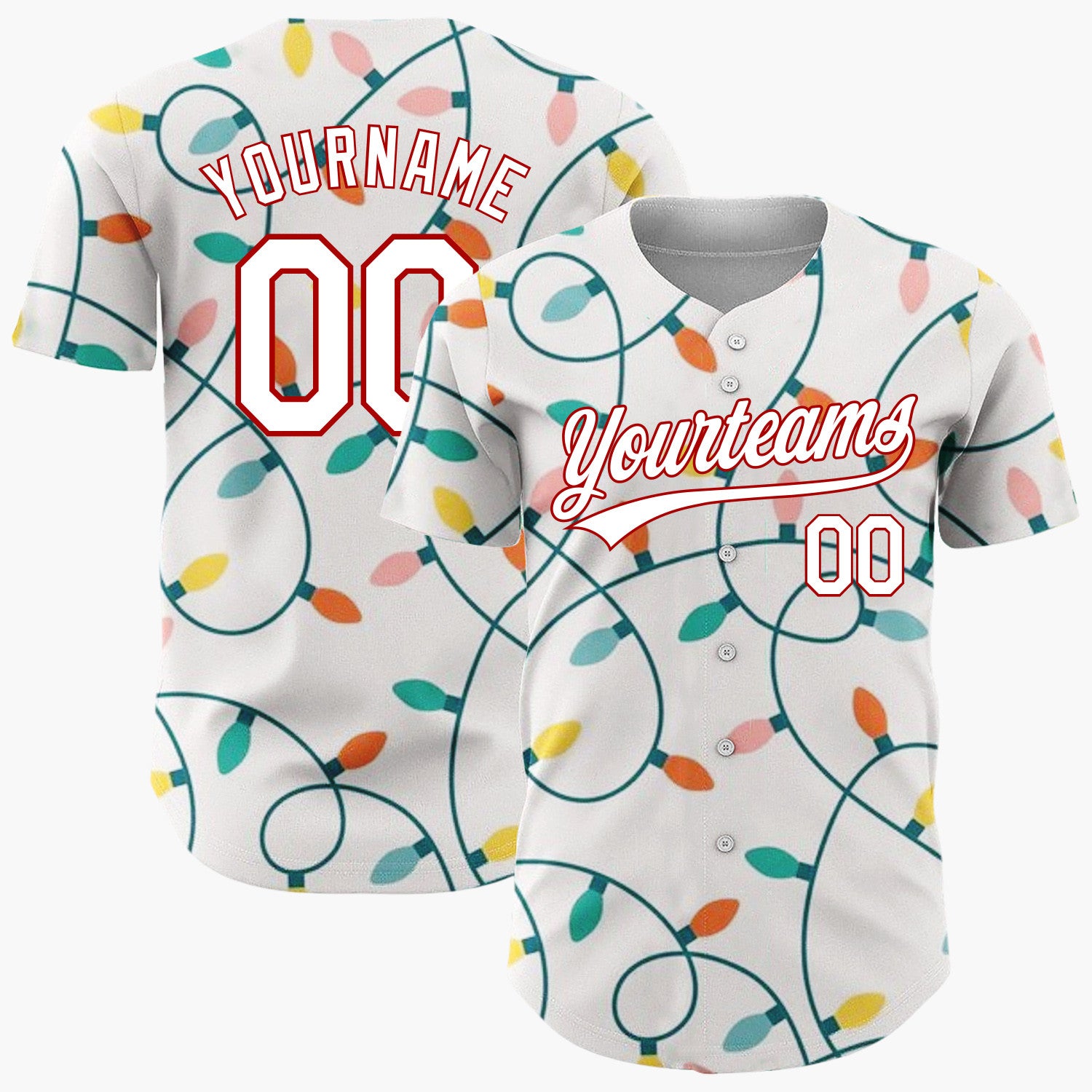 Custom Cream Tangled Colorful Christmas Lights Whimsical Christmas Baseball Jersey