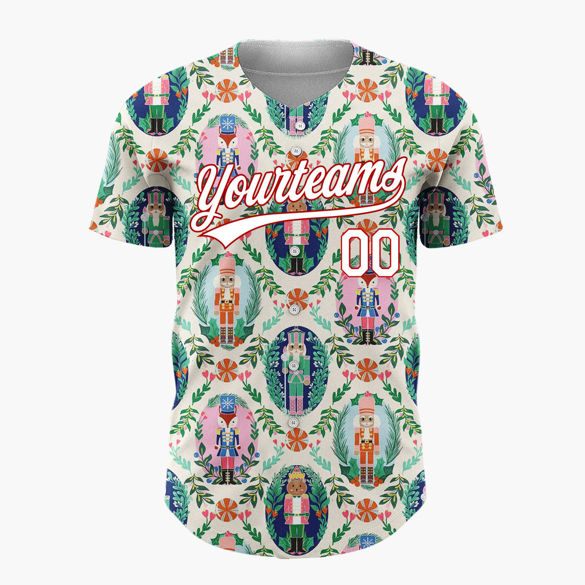 Custom Cream Pink Green Nutcracker Characters With Floral Wreaths Elegant Holiday Pattern Christmas Baseball Jersey